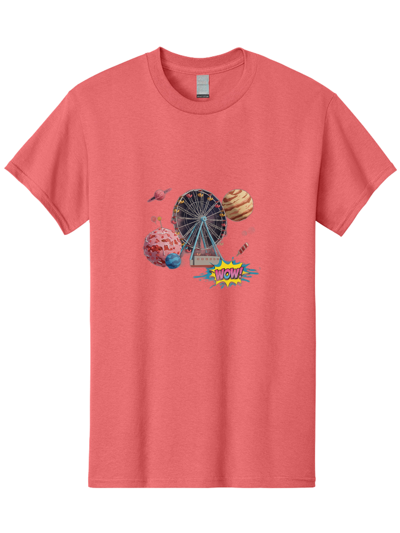 Wow Men'S Graphic Tee, 100% Cotton, Comfortable Casual Summer Wear, Machine Washable, Carnival Ferris Wheel, Planets, Explosion, Comic Speech Bubble, Wow Text, Colorful Illustration, Amusement Park, Whimsical Art, Fantasy Scene, Bad933
