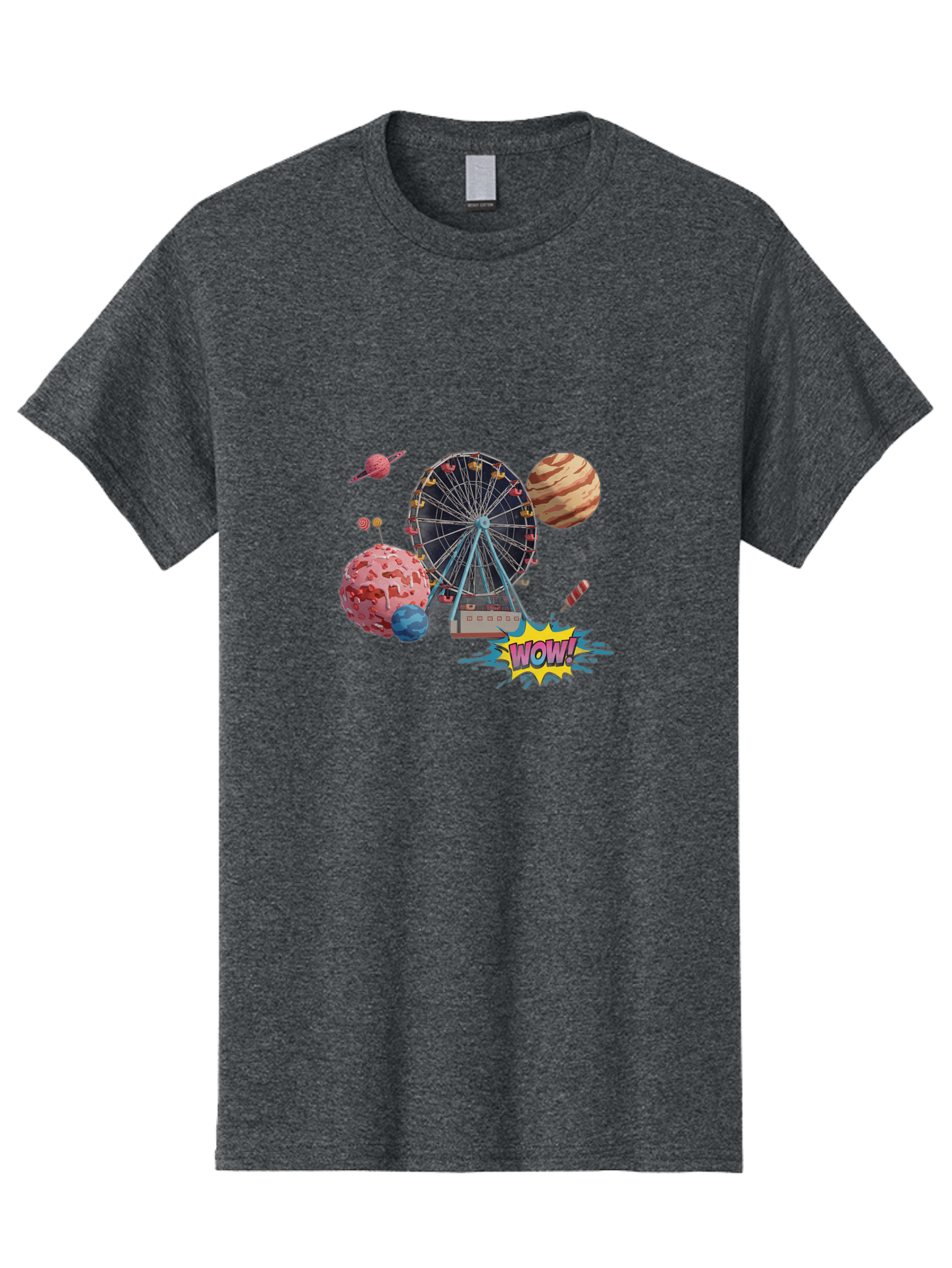 Wow Men'S Graphic Tee, 100% Cotton, Comfortable Casual Summer Wear, Machine Washable, Carnival Ferris Wheel, Planets, Explosion, Comic Speech Bubble, Wow Text, Colorful Illustration, Amusement Park, Whimsical Art, Fantasy Scene, Bad933
