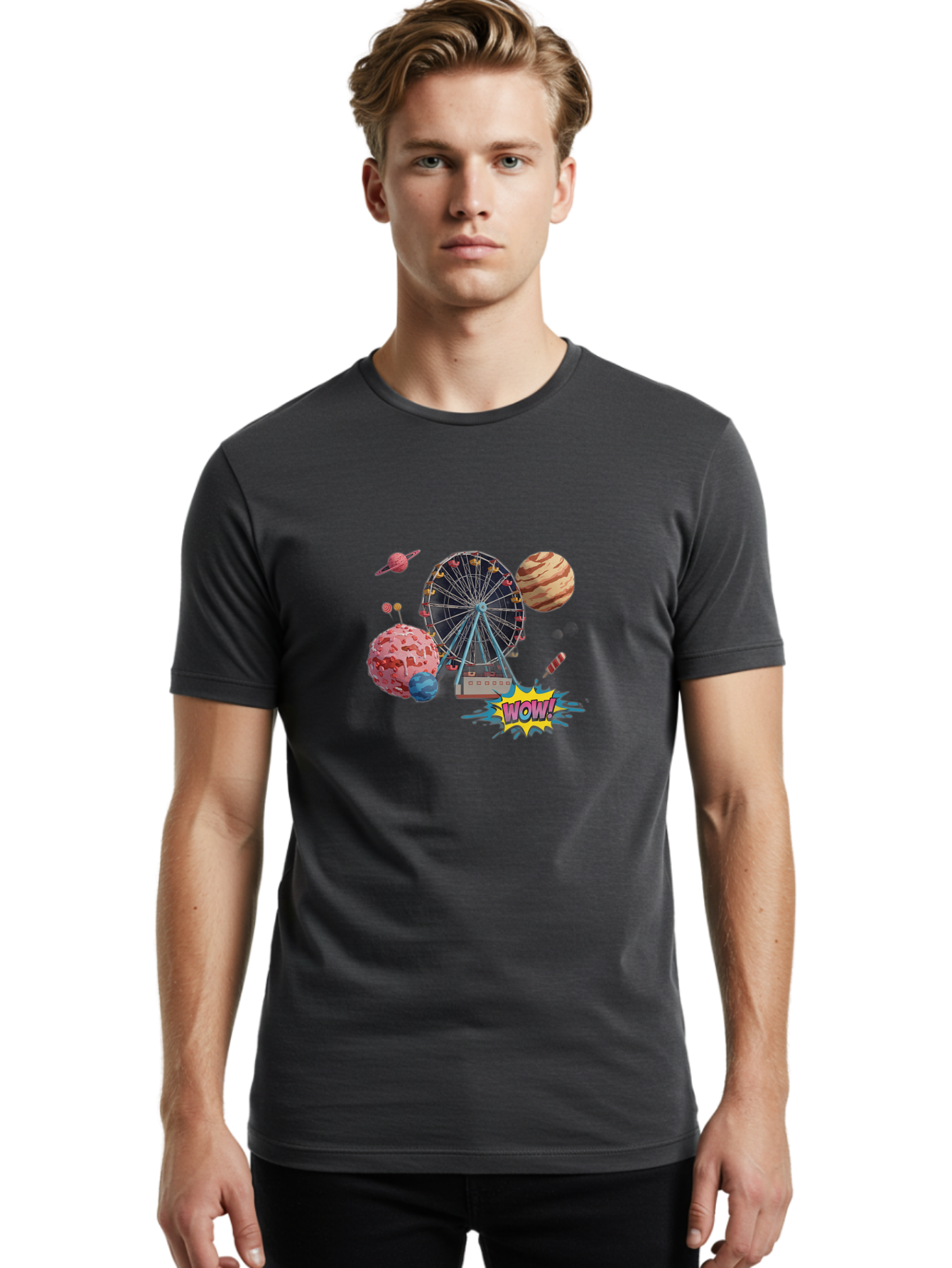 Wow Men'S Graphic Tee, 100% Cotton, Comfortable Casual Summer Wear, Machine Washable, Carnival Ferris Wheel, Planets, Explosion, Comic Speech Bubble, Wow Text, Colorful Illustration, Amusement Park, Whimsical Art, Fantasy Scene, Bad933