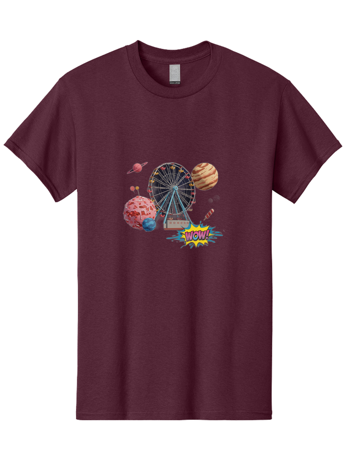 Wow Men'S Graphic Tee, 100% Cotton, Comfortable Casual Summer Wear, Machine Washable, Carnival Ferris Wheel, Planets, Explosion, Comic Speech Bubble, Wow Text, Colorful Illustration, Amusement Park, Whimsical Art, Fantasy Scene, Bad933
