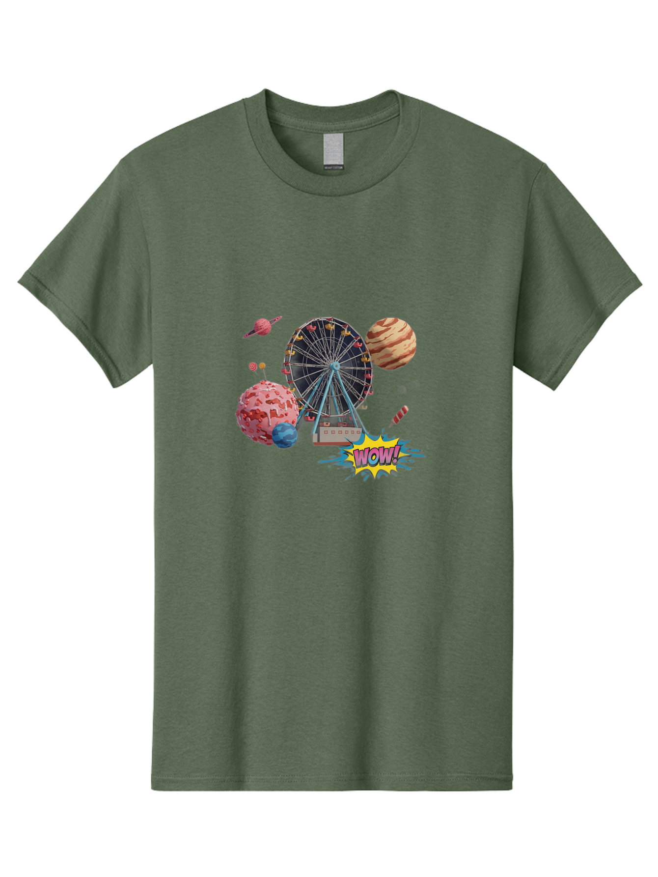 Wow Men'S Graphic Tee, 100% Cotton, Comfortable Casual Summer Wear, Machine Washable, Carnival Ferris Wheel, Planets, Explosion, Comic Speech Bubble, Wow Text, Colorful Illustration, Amusement Park, Whimsical Art, Fantasy Scene, Bad933