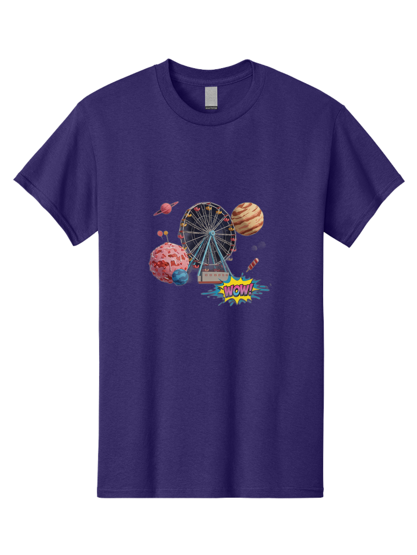 Wow Men'S Graphic Tee, 100% Cotton, Comfortable Casual Summer Wear, Machine Washable, Carnival Ferris Wheel, Planets, Explosion, Comic Speech Bubble, Wow Text, Colorful Illustration, Amusement Park, Whimsical Art, Fantasy Scene, Bad933