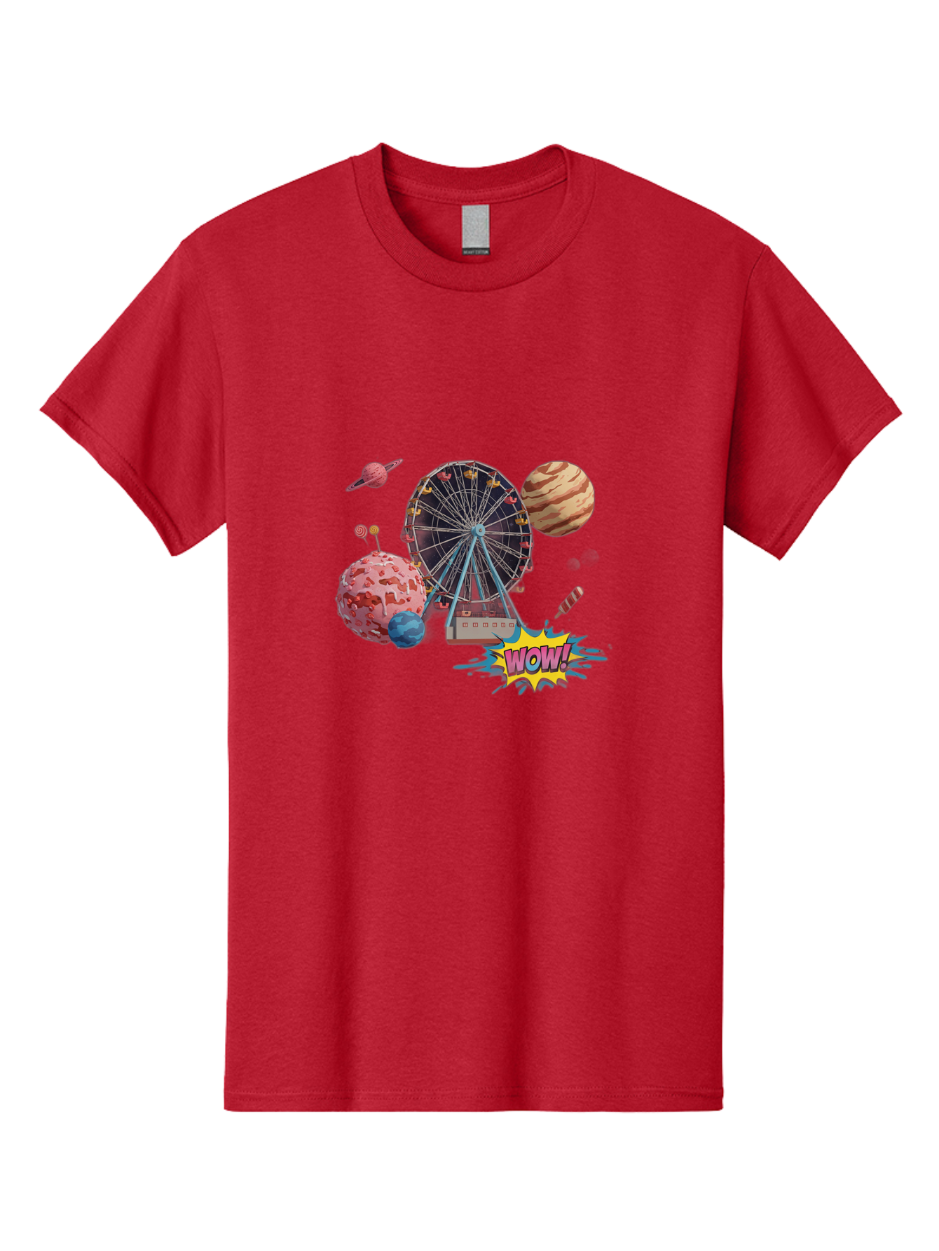 Wow Men'S Graphic Tee, 100% Cotton, Comfortable Casual Summer Wear, Machine Washable, Carnival Ferris Wheel, Planets, Explosion, Comic Speech Bubble, Wow Text, Colorful Illustration, Amusement Park, Whimsical Art, Fantasy Scene, Bad933