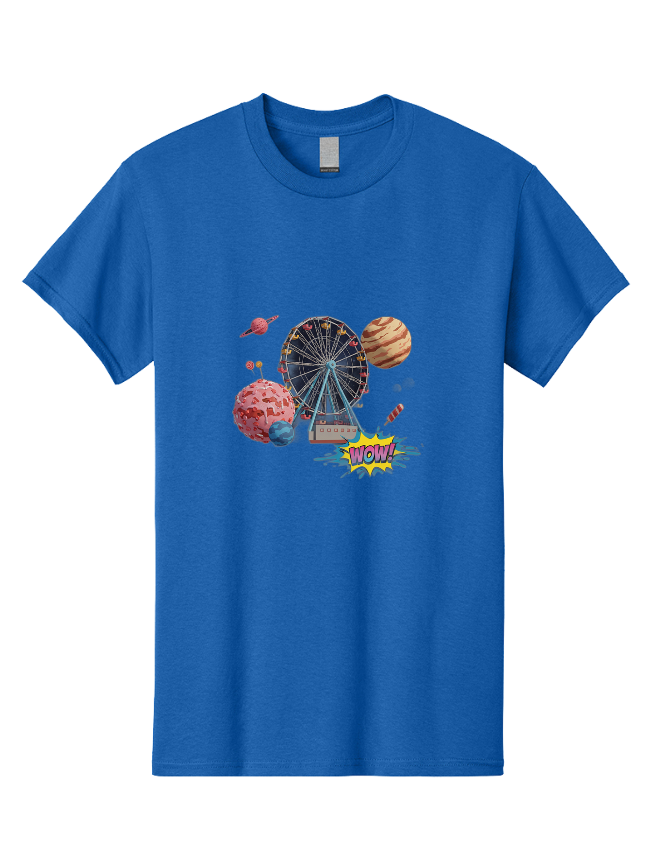 Wow Men'S Graphic Tee, 100% Cotton, Comfortable Casual Summer Wear, Machine Washable, Carnival Ferris Wheel, Planets, Explosion, Comic Speech Bubble, Wow Text, Colorful Illustration, Amusement Park, Whimsical Art, Fantasy Scene, Bad933