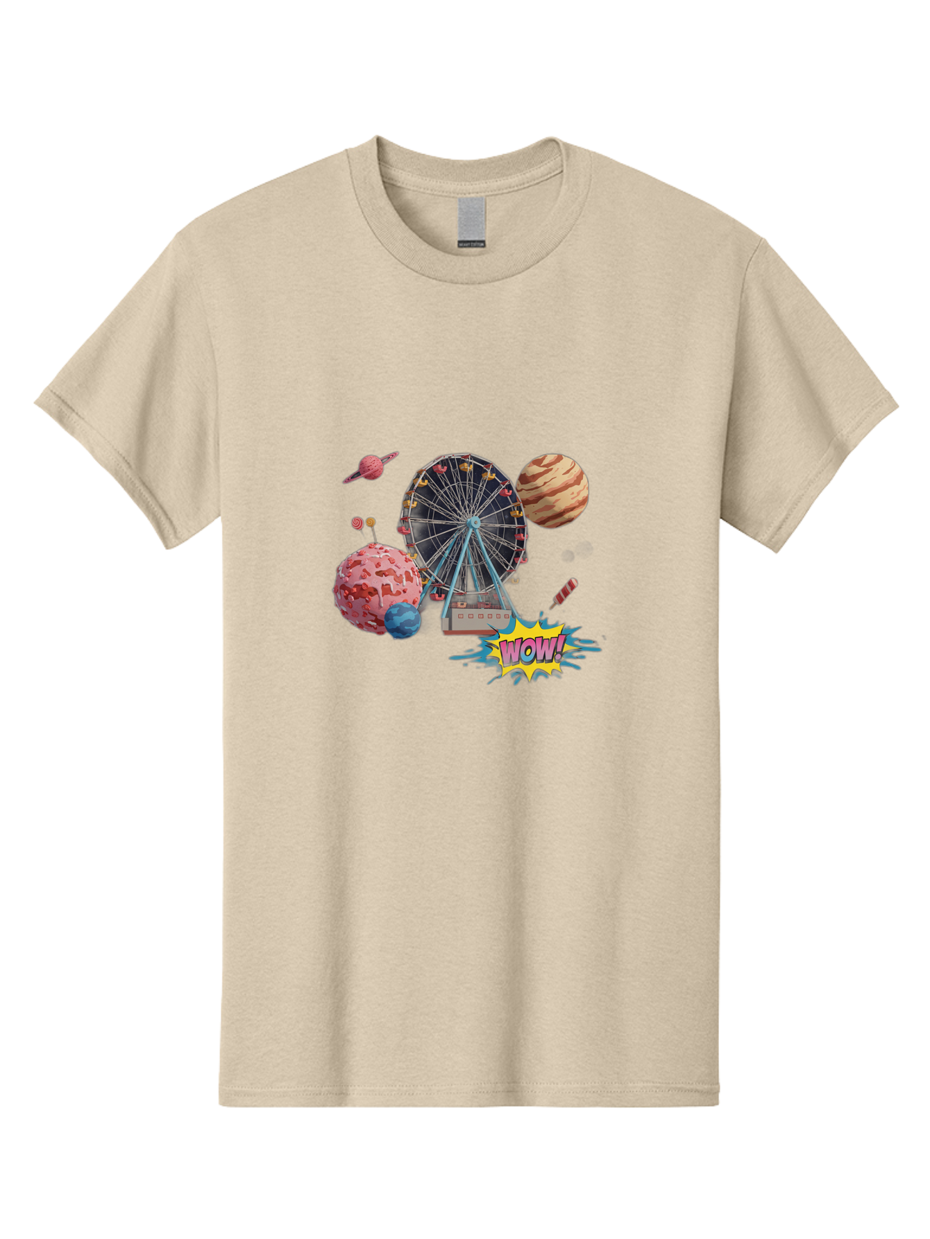 Wow Men'S Graphic Tee, 100% Cotton, Comfortable Casual Summer Wear, Machine Washable, Carnival Ferris Wheel, Planets, Explosion, Comic Speech Bubble, Wow Text, Colorful Illustration, Amusement Park, Whimsical Art, Fantasy Scene, Bad933