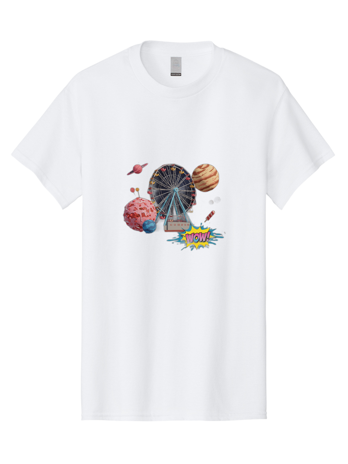 Wow Men'S Graphic Tee, 100% Cotton, Comfortable Casual Summer Wear, Machine Washable, Carnival Ferris Wheel, Planets, Explosion, Comic Speech Bubble, Wow Text, Colorful Illustration, Amusement Park, Whimsical Art, Fantasy Scene, Bad933