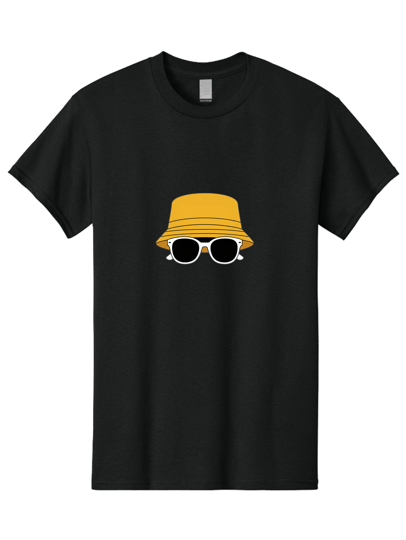 Yellow-Bucket-Hat-And-Sunglasses Men'S Graphic Tee, 100% Cotton, Comfortable Casual Summer Wear, Machine Washable, Cartoon Style, White Sunglasses, Yellow Bucket Hat, Minimalist Design, Fashion Accessory, Trendy Look, Cool Shades, Summer Vibe Bad938