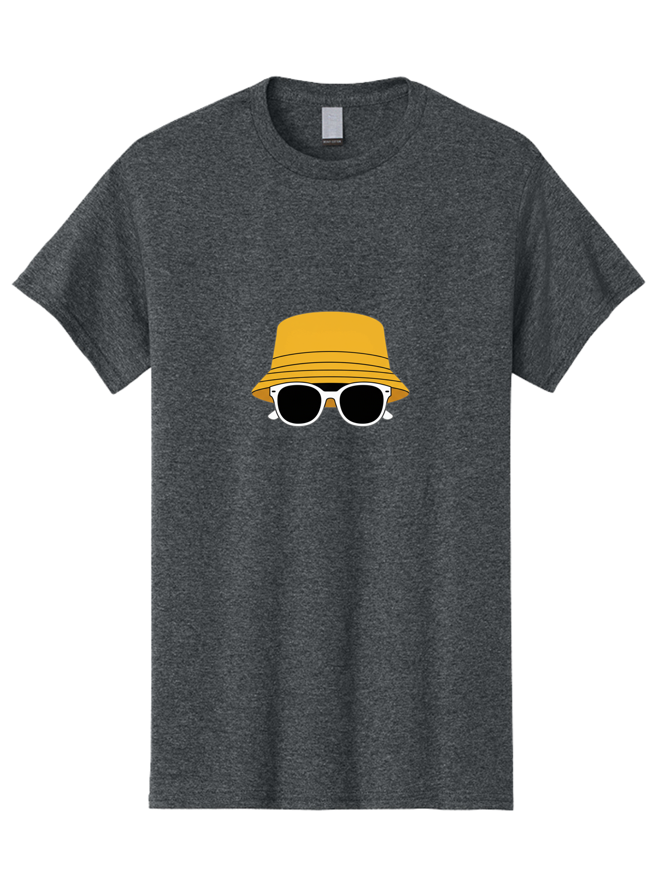 Yellow-Bucket-Hat-And-Sunglasses Men'S Graphic Tee, 100% Cotton, Comfortable Casual Summer Wear, Machine Washable, Cartoon Style, White Sunglasses, Yellow Bucket Hat, Minimalist Design, Fashion Accessory, Trendy Look, Cool Shades, Summer Vibe Bad938