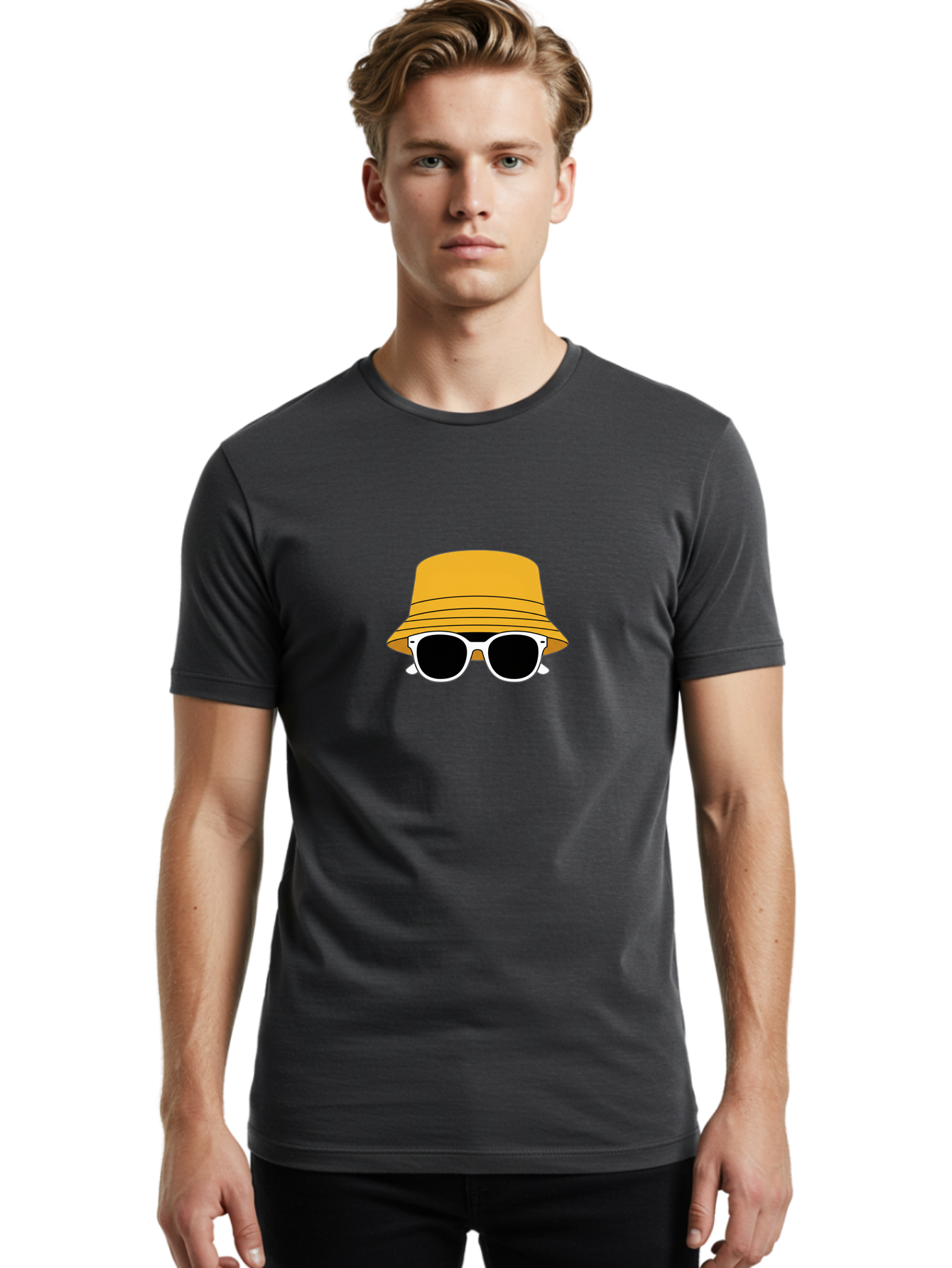 Yellow-Bucket-Hat-And-Sunglasses Men'S Graphic Tee, 100% Cotton, Comfortable Casual Summer Wear, Machine Washable, Cartoon Style, White Sunglasses, Yellow Bucket Hat, Minimalist Design, Fashion Accessory, Trendy Look, Cool Shades, Summer Vibe Bad938
