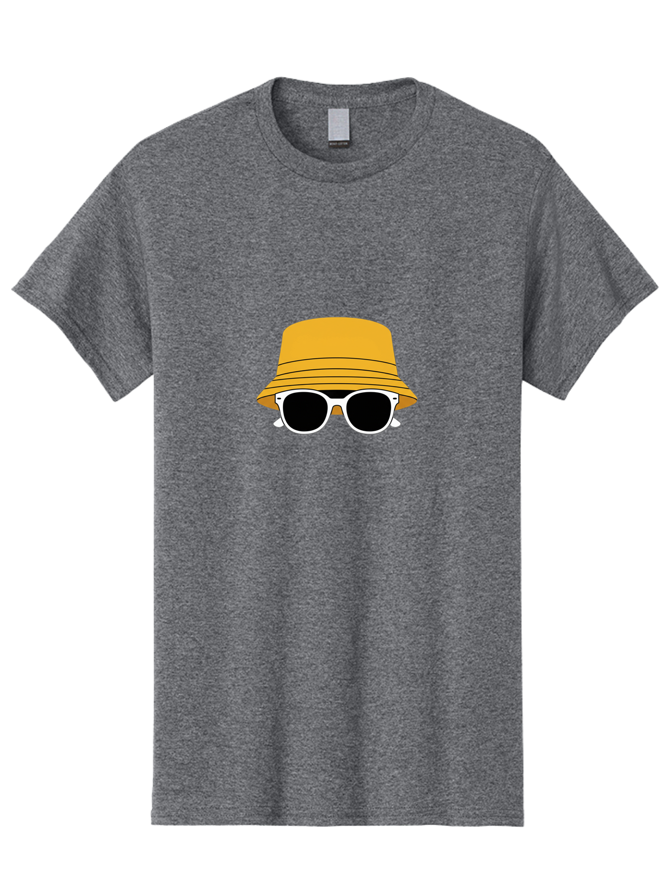 Yellow-Bucket-Hat-And-Sunglasses Men'S Graphic Tee, 100% Cotton, Comfortable Casual Summer Wear, Machine Washable, Cartoon Style, White Sunglasses, Yellow Bucket Hat, Minimalist Design, Fashion Accessory, Trendy Look, Cool Shades, Summer Vibe Bad938
