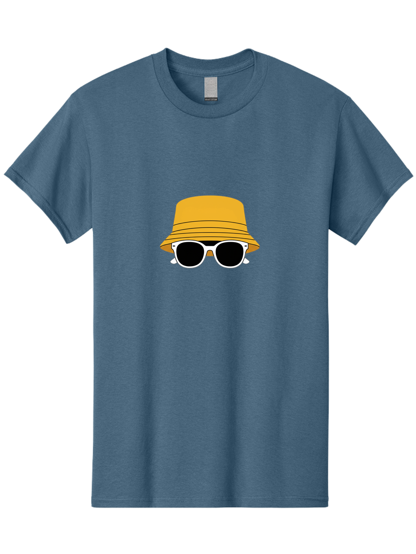 Yellow-Bucket-Hat-And-Sunglasses Men'S Graphic Tee, 100% Cotton, Comfortable Casual Summer Wear, Machine Washable, Cartoon Style, White Sunglasses, Yellow Bucket Hat, Minimalist Design, Fashion Accessory, Trendy Look, Cool Shades, Summer Vibe Bad938