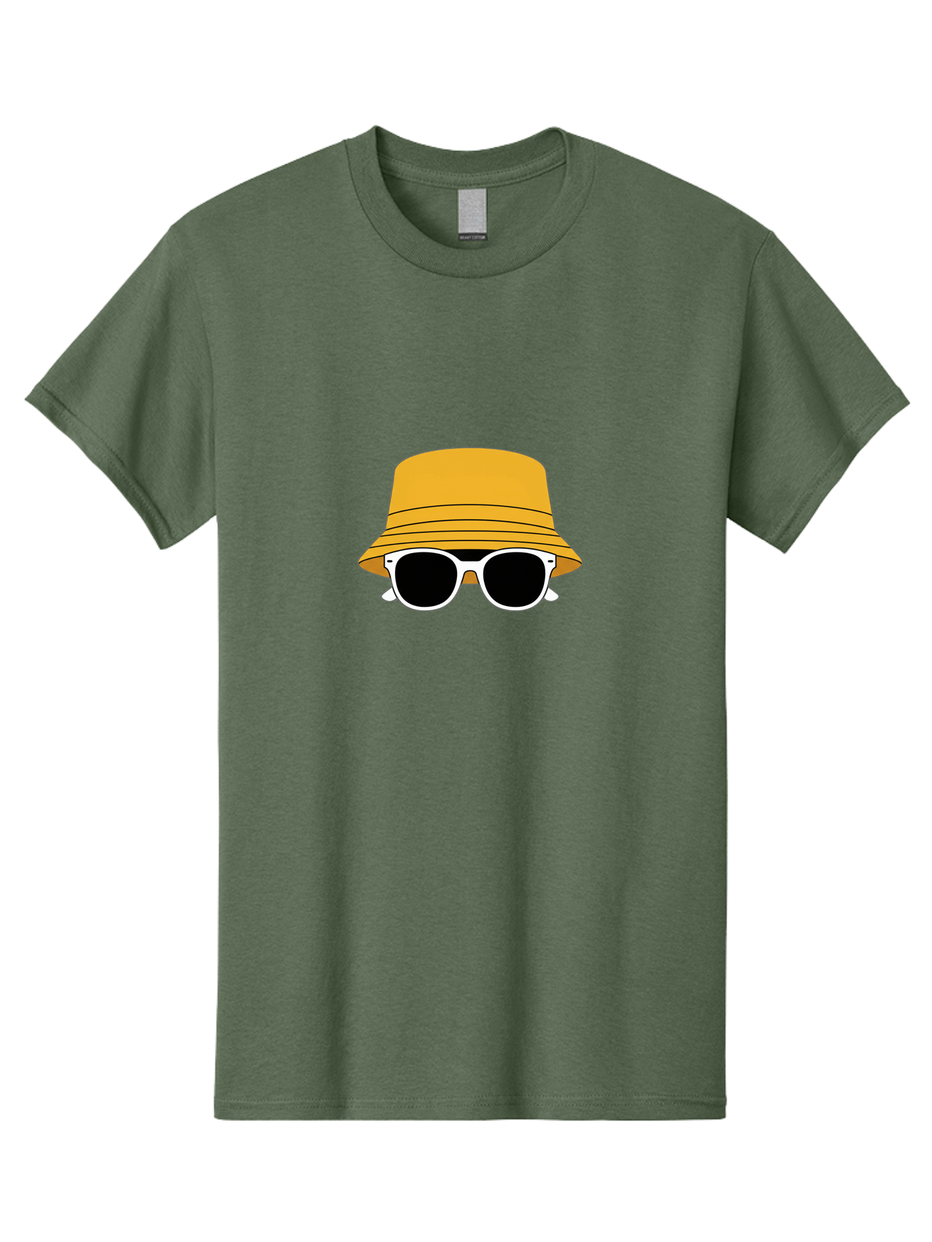 Yellow-Bucket-Hat-And-Sunglasses Men'S Graphic Tee, 100% Cotton, Comfortable Casual Summer Wear, Machine Washable, Cartoon Style, White Sunglasses, Yellow Bucket Hat, Minimalist Design, Fashion Accessory, Trendy Look, Cool Shades, Summer Vibe Bad938