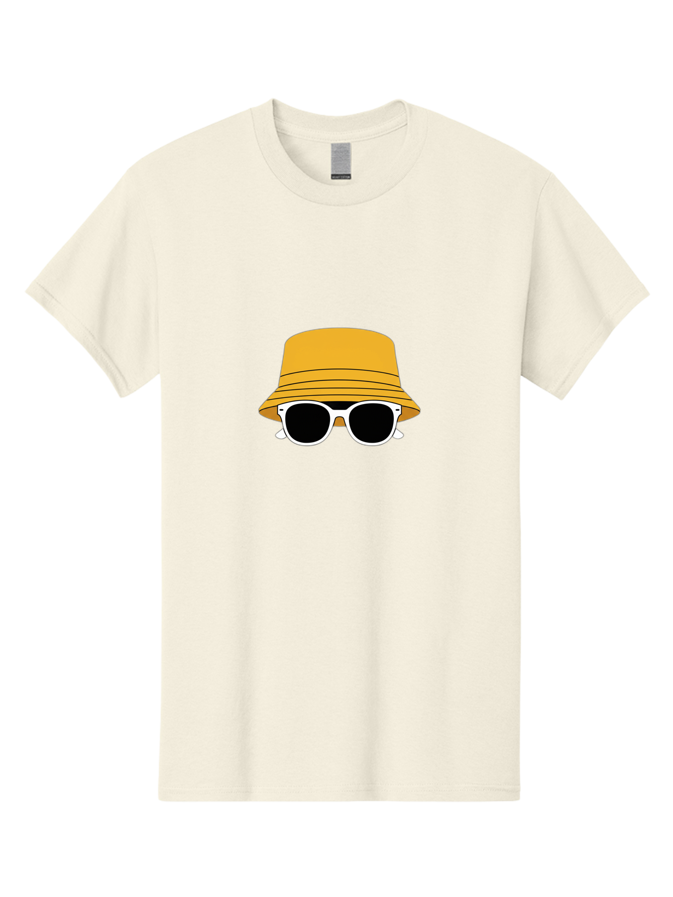 Yellow-Bucket-Hat-And-Sunglasses Men'S Graphic Tee, 100% Cotton, Comfortable Casual Summer Wear, Machine Washable, Cartoon Style, White Sunglasses, Yellow Bucket Hat, Minimalist Design, Fashion Accessory, Trendy Look, Cool Shades, Summer Vibe Bad938