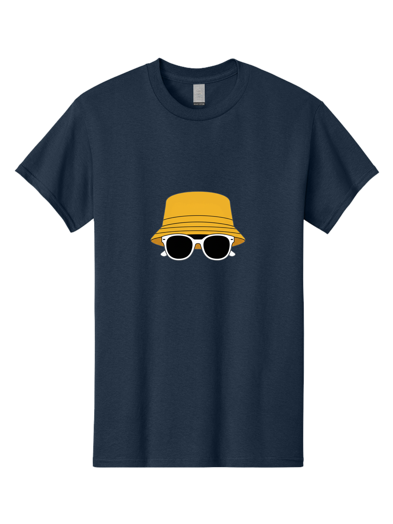 Yellow-Bucket-Hat-And-Sunglasses Men'S Graphic Tee, 100% Cotton, Comfortable Casual Summer Wear, Machine Washable, Cartoon Style, White Sunglasses, Yellow Bucket Hat, Minimalist Design, Fashion Accessory, Trendy Look, Cool Shades, Summer Vibe Bad938
