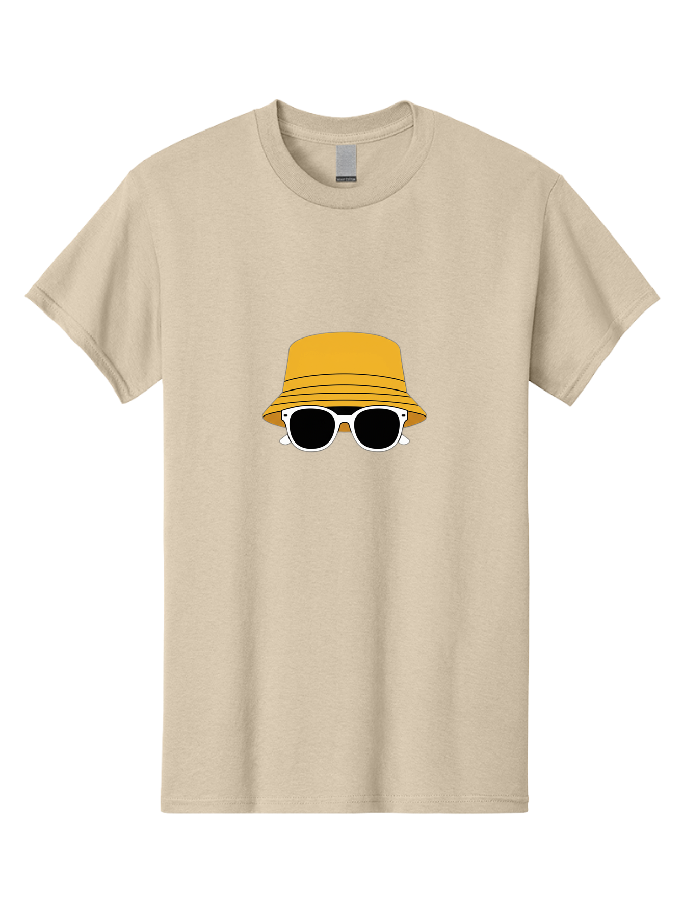 Yellow-Bucket-Hat-And-Sunglasses Men'S Graphic Tee, 100% Cotton, Comfortable Casual Summer Wear, Machine Washable, Cartoon Style, White Sunglasses, Yellow Bucket Hat, Minimalist Design, Fashion Accessory, Trendy Look, Cool Shades, Summer Vibe Bad938