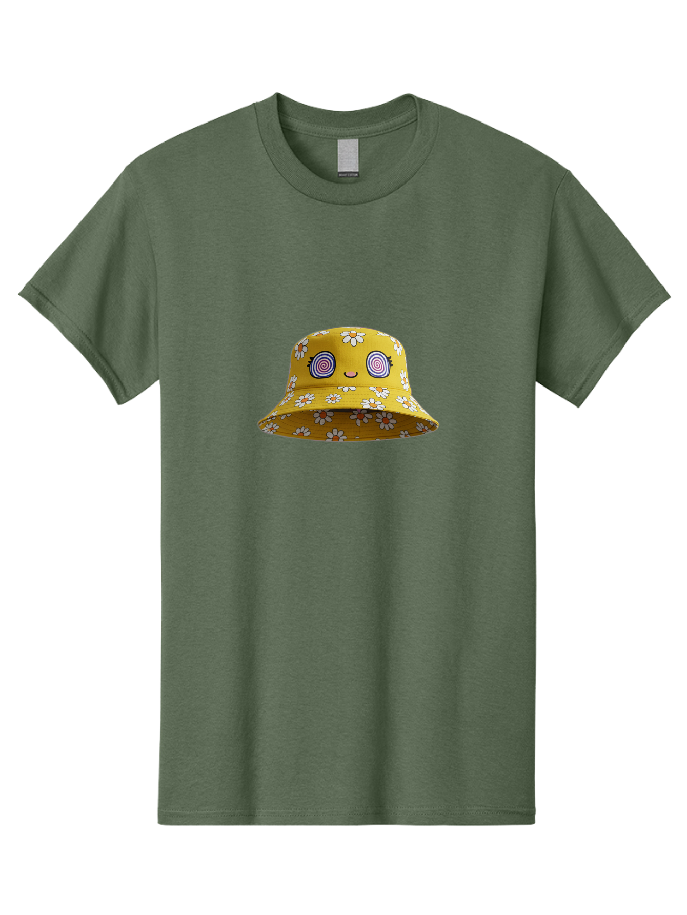 Yellow-Floral-Bucket-Hat Men'S Graphic Tee, 100% Cotton, Comfortable Casual Summer Wear, Machine Washable, Yellow Bucket Hat, Floral Pattern, Cartoon Face, Spiral Eyes, Smiling Mouth, Feminine Lashes, Fashion Accessory, Summer Hat, Beachwear, Bad939