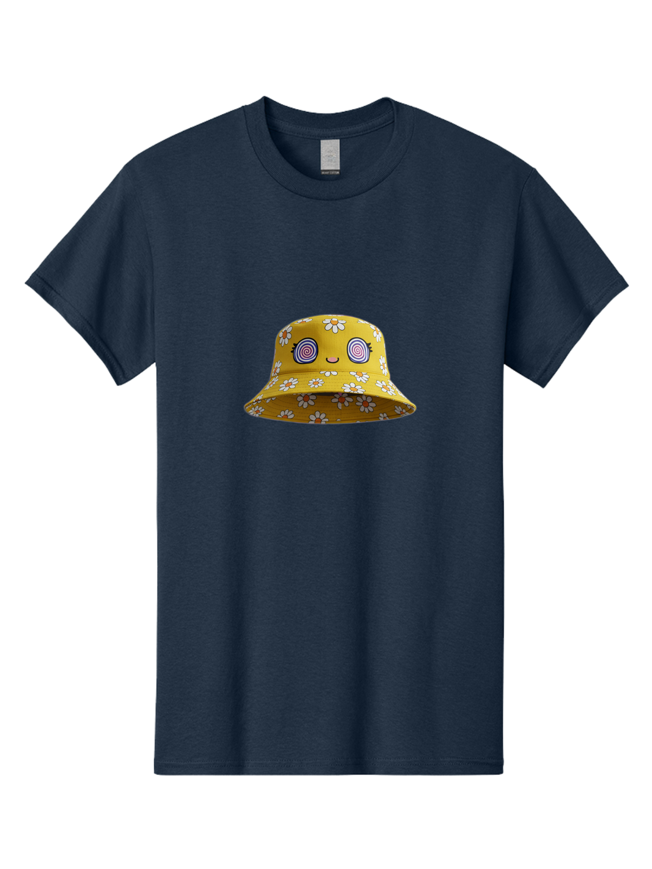 Yellow-Floral-Bucket-Hat Men'S Graphic Tee, 100% Cotton, Comfortable Casual Summer Wear, Machine Washable, Yellow Bucket Hat, Floral Pattern, Cartoon Face, Spiral Eyes, Smiling Mouth, Feminine Lashes, Fashion Accessory, Summer Hat, Beachwear, Bad939