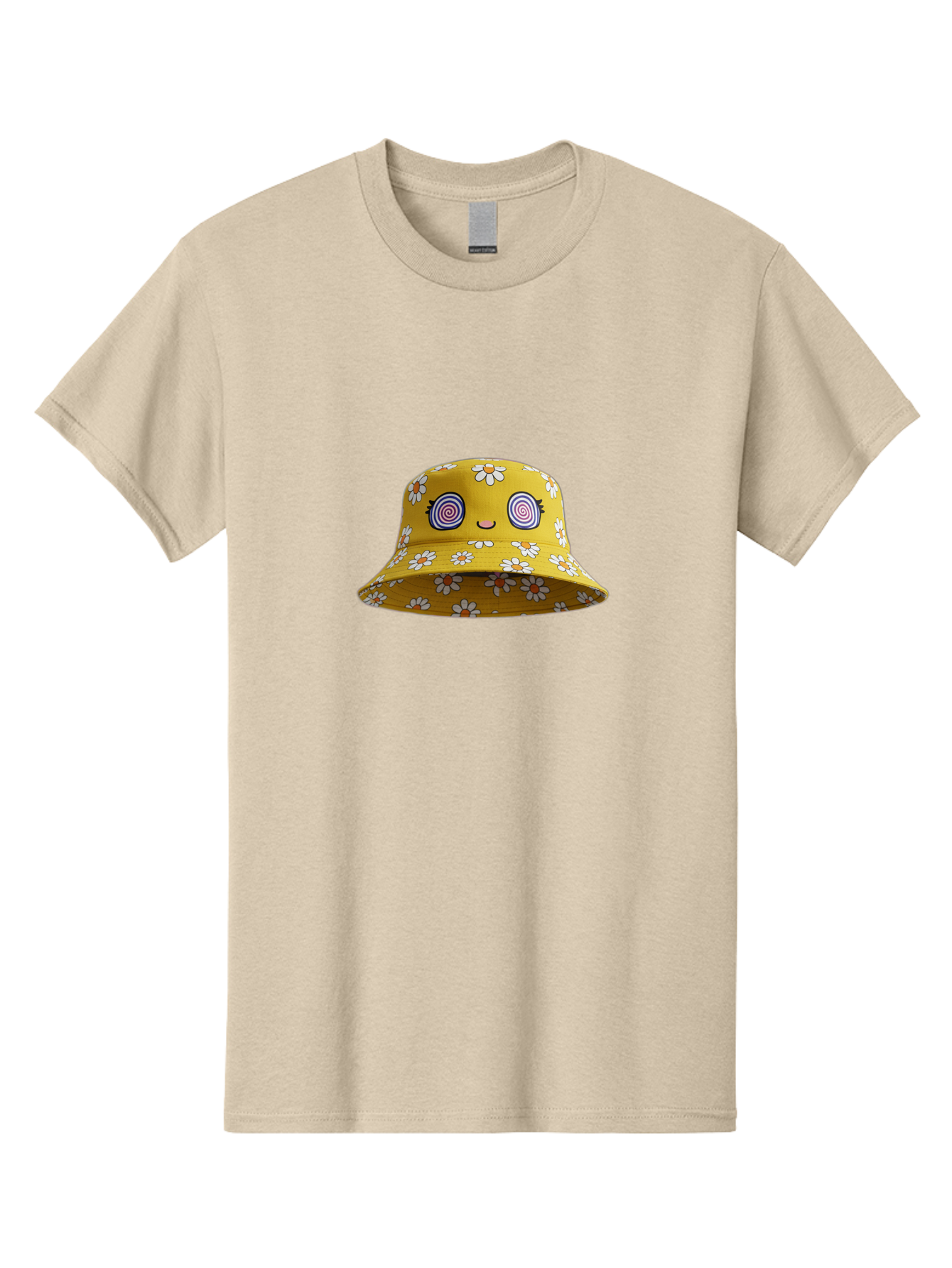 Yellow-Floral-Bucket-Hat Men'S Graphic Tee, 100% Cotton, Comfortable Casual Summer Wear, Machine Washable, Yellow Bucket Hat, Floral Pattern, Cartoon Face, Spiral Eyes, Smiling Mouth, Feminine Lashes, Fashion Accessory, Summer Hat, Beachwear, Bad939