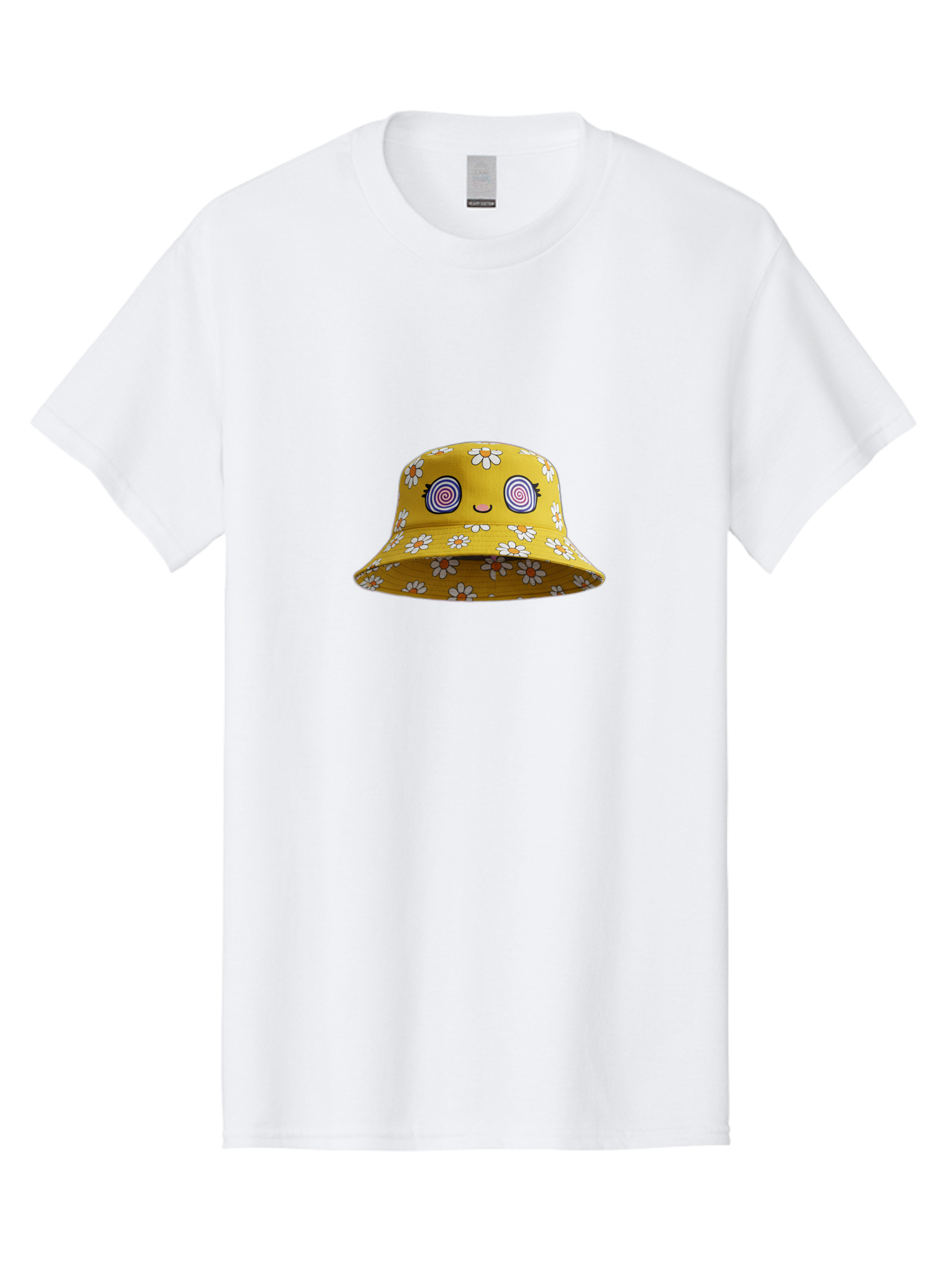 Yellow-Floral-Bucket-Hat Men'S Graphic Tee, 100% Cotton, Comfortable Casual Summer Wear, Machine Washable, Yellow Bucket Hat, Floral Pattern, Cartoon Face, Spiral Eyes, Smiling Mouth, Feminine Lashes, Fashion Accessory, Summer Hat, Beachwear, Bad939