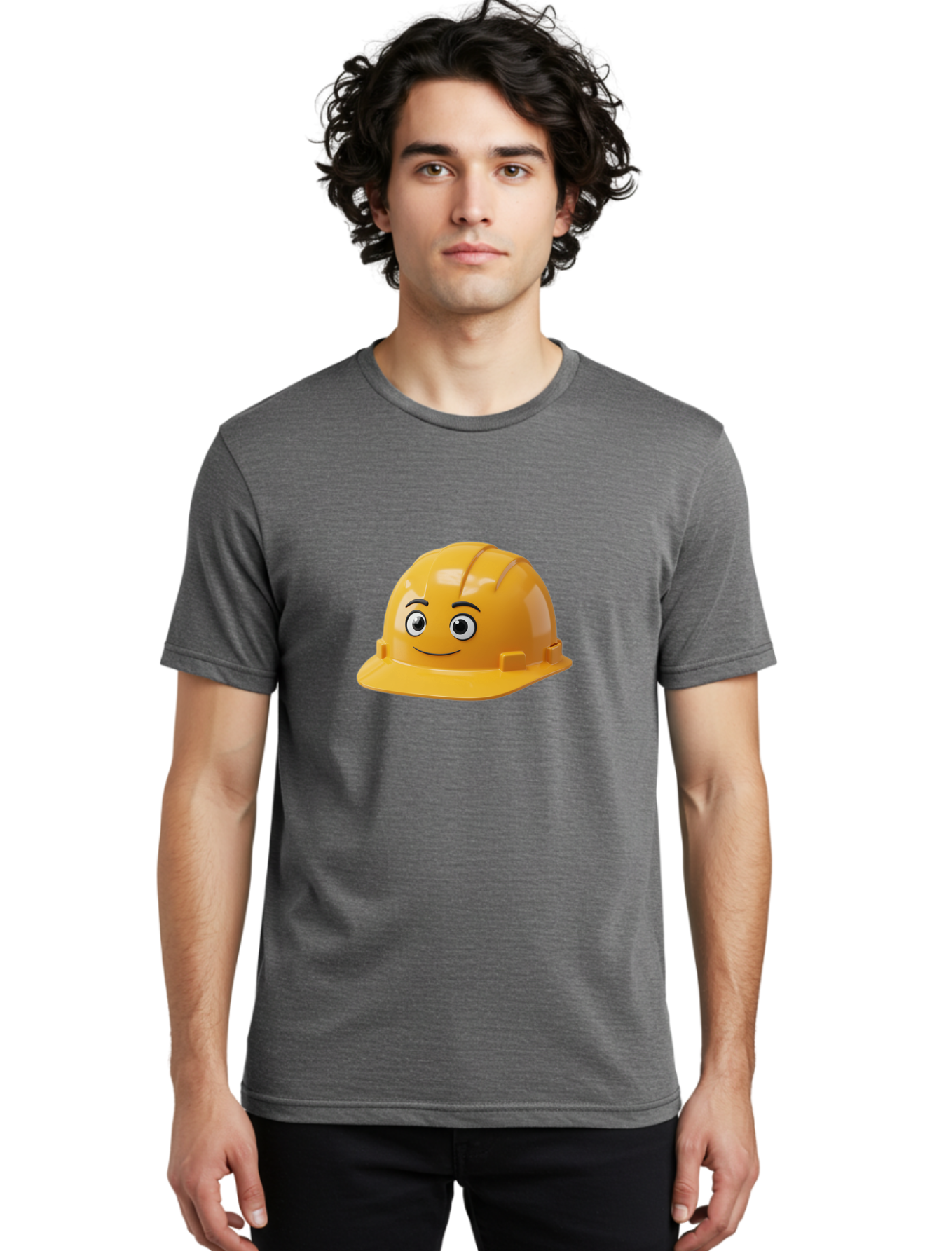 Yellow-Hard-Hat-1 Men'S Graphic Tee, 100% Cotton, Comfortable Casual Summer Wear, Machine Washable, Construction Hard Hat, Safety Helmet, Cartoon Character, Smiling Face, Yellow Plastic, Construction Worker, Protective Gear, Industrial Safety Bad940
