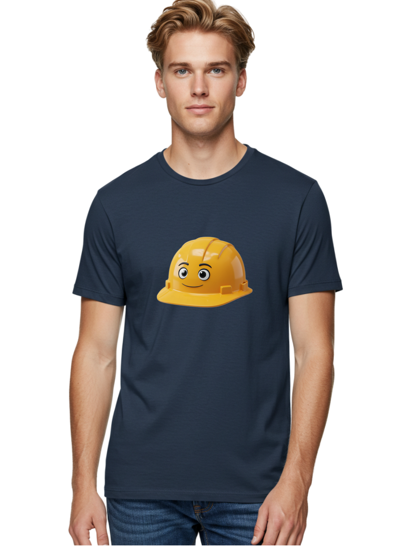 Yellow-Hard-Hat-1 Men'S Graphic Tee, 100% Cotton, Comfortable Casual Summer Wear, Machine Washable, Construction Hard Hat, Safety Helmet, Cartoon Character, Smiling Face, Yellow Plastic, Construction Worker, Protective Gear, Industrial Safety Bad940