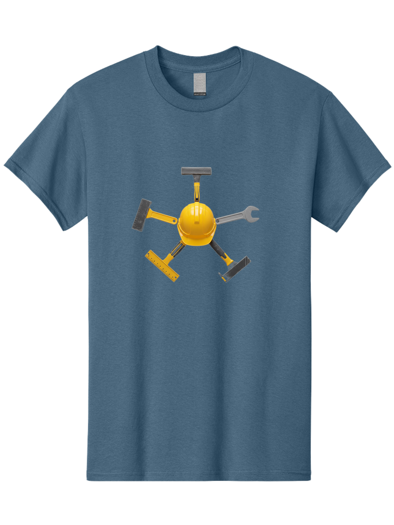 Yellow-Hard-Hat-2 Men'S Graphic Tee, 100% Cotton, Comfortable Casual Summer Wear, Machine Washable, Yellow Hard Hat, Construction Tools Arrangement, Creative Display, Construction Equipment, Squeegee, Putty Knife, Level, Adjustable Wrench, Bad941