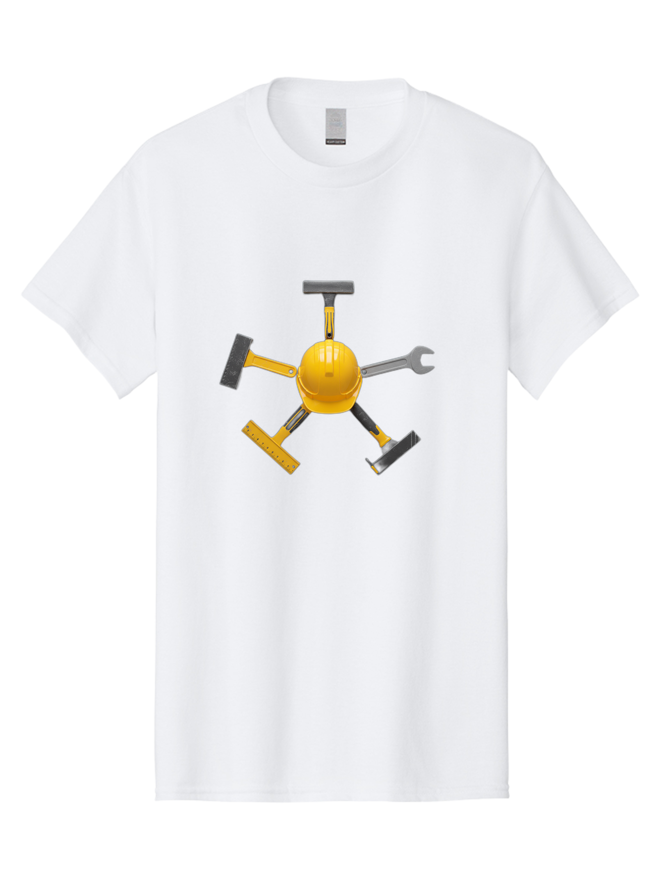 Yellow-Hard-Hat-2 Men'S Graphic Tee, 100% Cotton, Comfortable Casual Summer Wear, Machine Washable, Yellow Hard Hat, Construction Tools Arrangement, Creative Display, Construction Equipment, Squeegee, Putty Knife, Level, Adjustable Wrench, Bad941