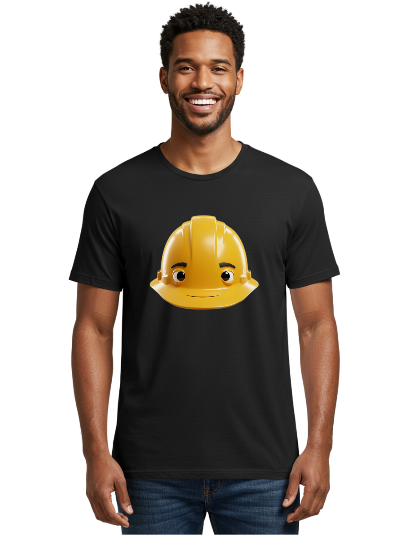 Yellow-Hard-Hat-Emoji Men'S Graphic Tee, 100% Cotton, Comfortable Casual Summer Wear, Machine Washable, Yellow Hard Hat, Cartoon Face, Construction Worker, Safety Helmet, Smiling Character, Yellow Emoji, Workplace Safety, Character Design Bad942