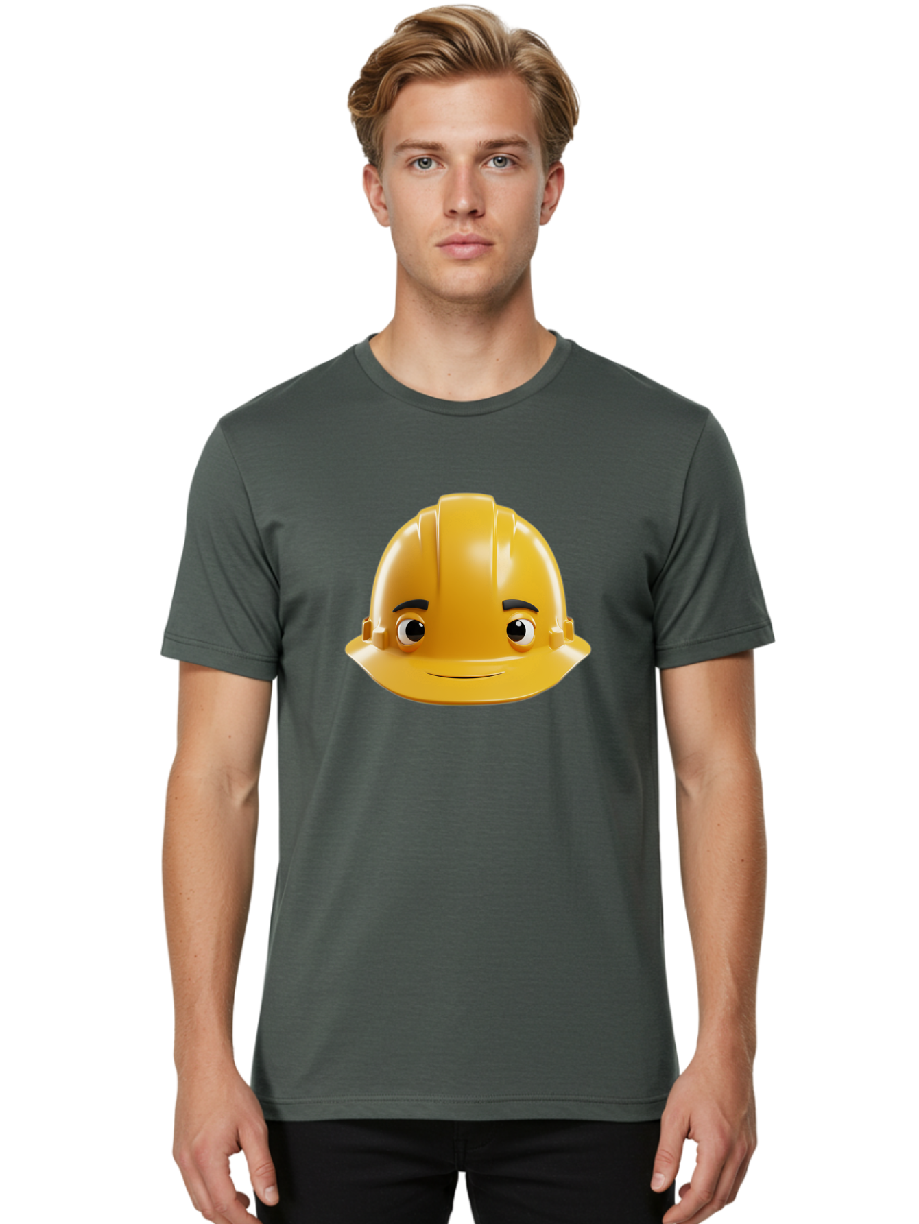 Yellow-Hard-Hat-Emoji Men'S Graphic Tee, 100% Cotton, Comfortable Casual Summer Wear, Machine Washable, Yellow Hard Hat, Cartoon Face, Construction Worker, Safety Helmet, Smiling Character, Yellow Emoji, Workplace Safety, Character Design Bad942