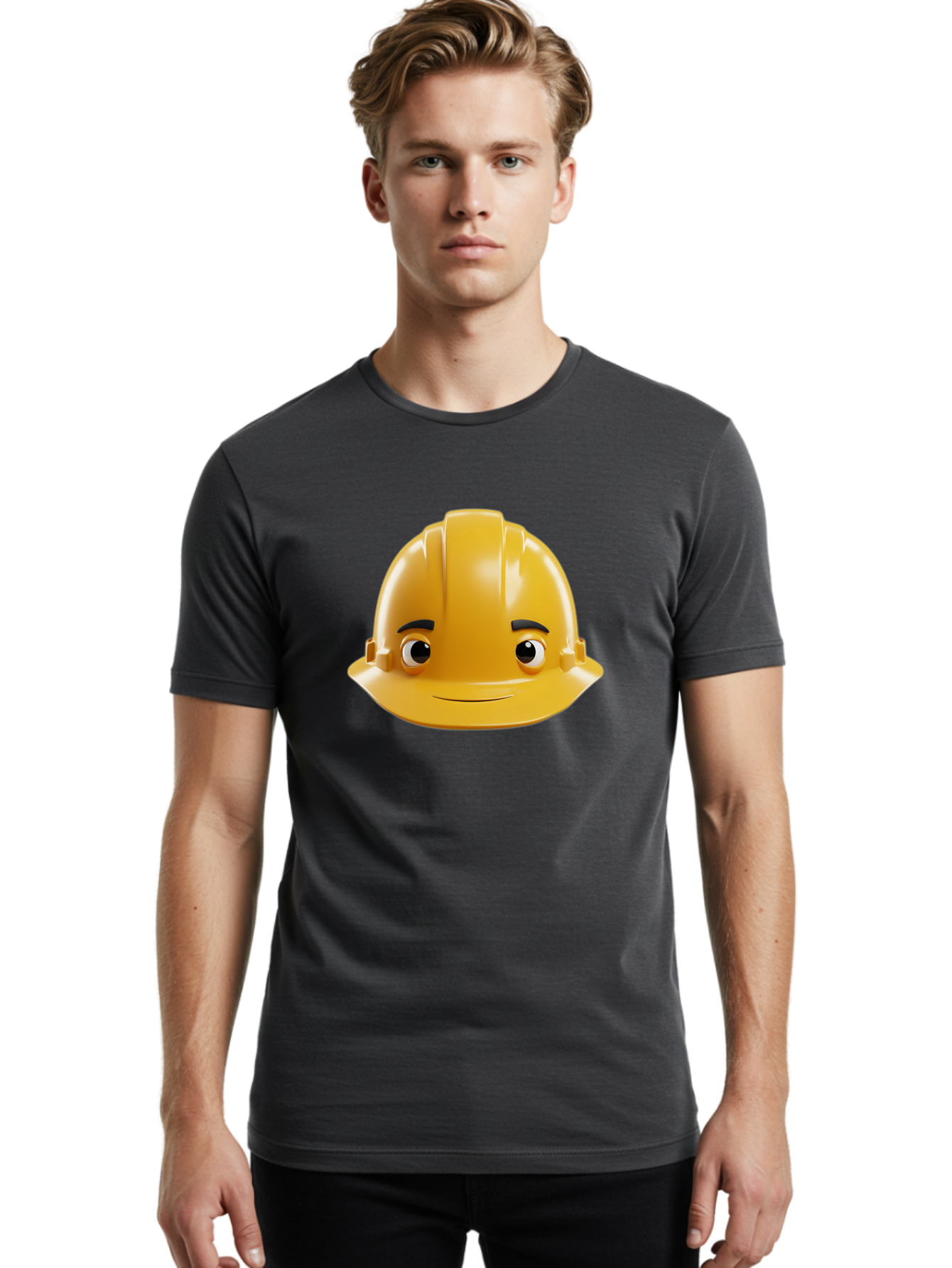 Yellow-Hard-Hat-Emoji Men'S Graphic Tee, 100% Cotton, Comfortable Casual Summer Wear, Machine Washable, Yellow Hard Hat, Cartoon Face, Construction Worker, Safety Helmet, Smiling Character, Yellow Emoji, Workplace Safety, Character Design Bad942