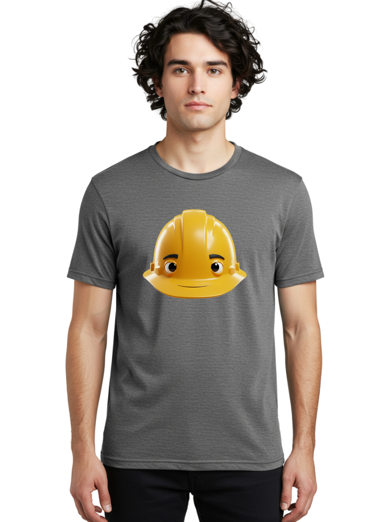 Yellow-Hard-Hat-Emoji Men'S Graphic Tee, 100% Cotton, Comfortable Casual Summer Wear, Machine Washable, Yellow Hard Hat, Cartoon Face, Construction Worker, Safety Helmet, Smiling Character, Yellow Emoji, Workplace Safety, Character Design Bad942
