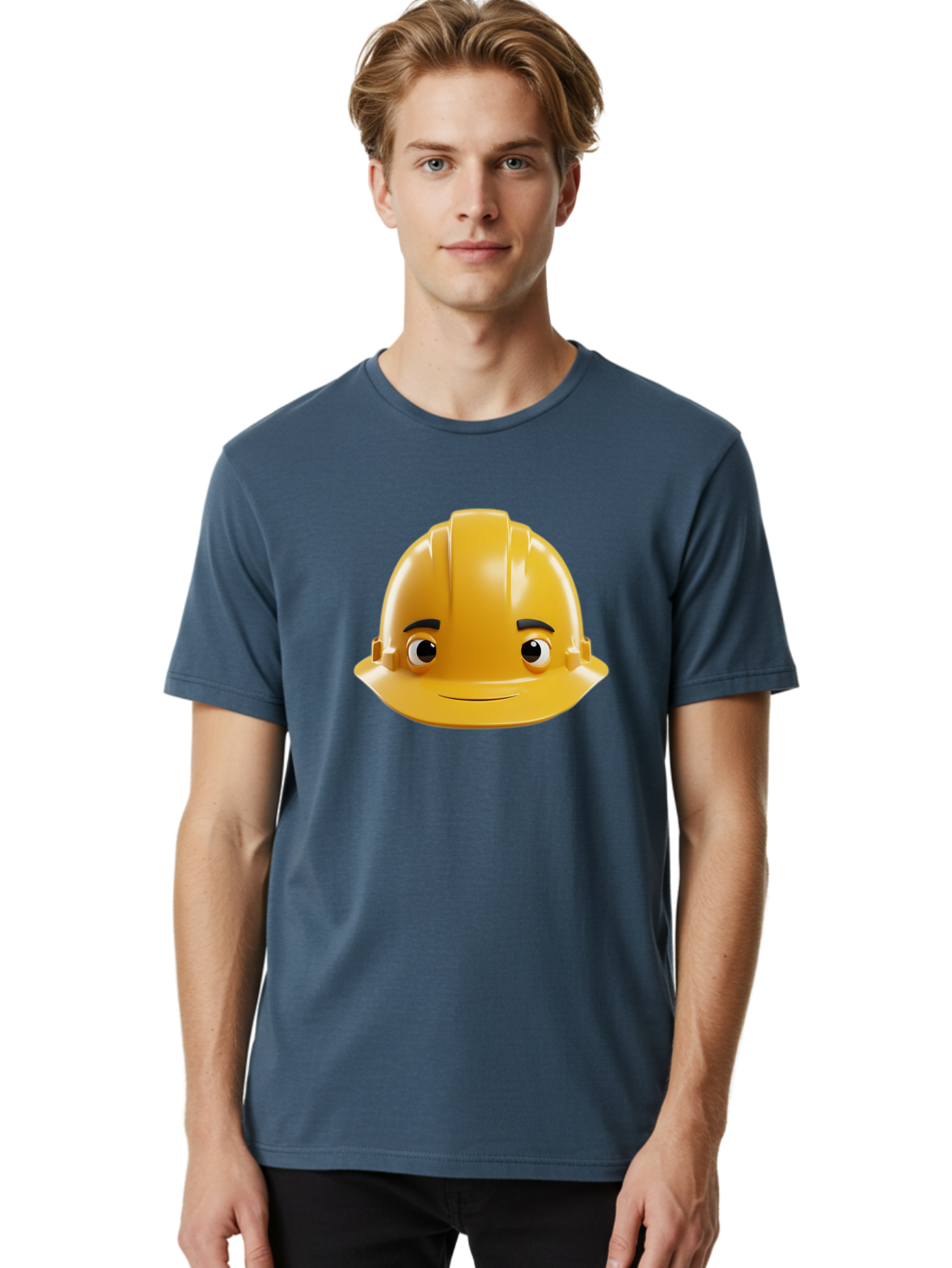 Yellow-Hard-Hat-Emoji Men'S Graphic Tee, 100% Cotton, Comfortable Casual Summer Wear, Machine Washable, Yellow Hard Hat, Cartoon Face, Construction Worker, Safety Helmet, Smiling Character, Yellow Emoji, Workplace Safety, Character Design Bad942