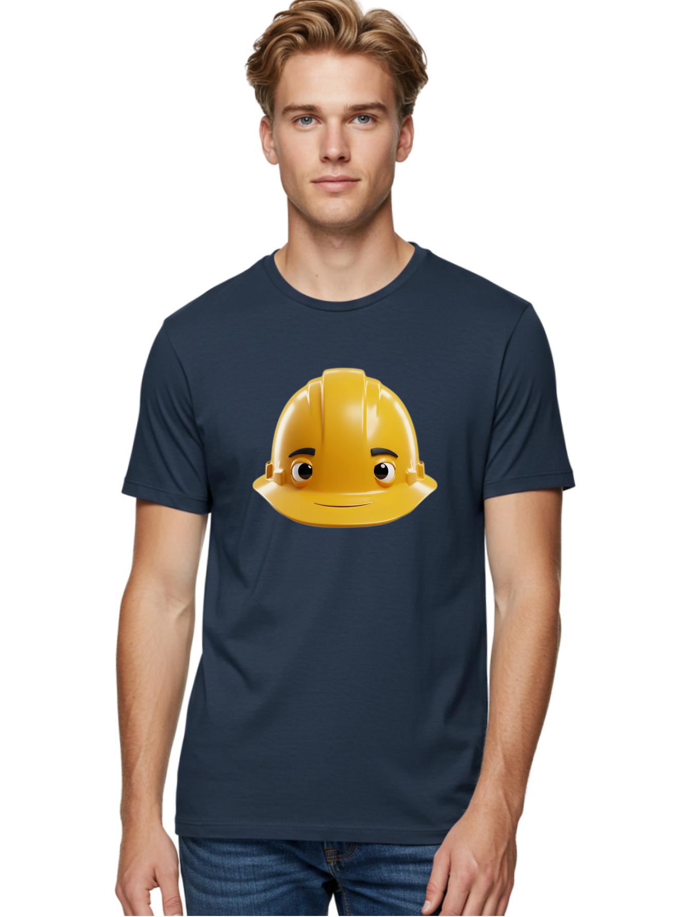 Yellow-Hard-Hat-Emoji Men'S Graphic Tee, 100% Cotton, Comfortable Casual Summer Wear, Machine Washable, Yellow Hard Hat, Cartoon Face, Construction Worker, Safety Helmet, Smiling Character, Yellow Emoji, Workplace Safety, Character Design Bad942