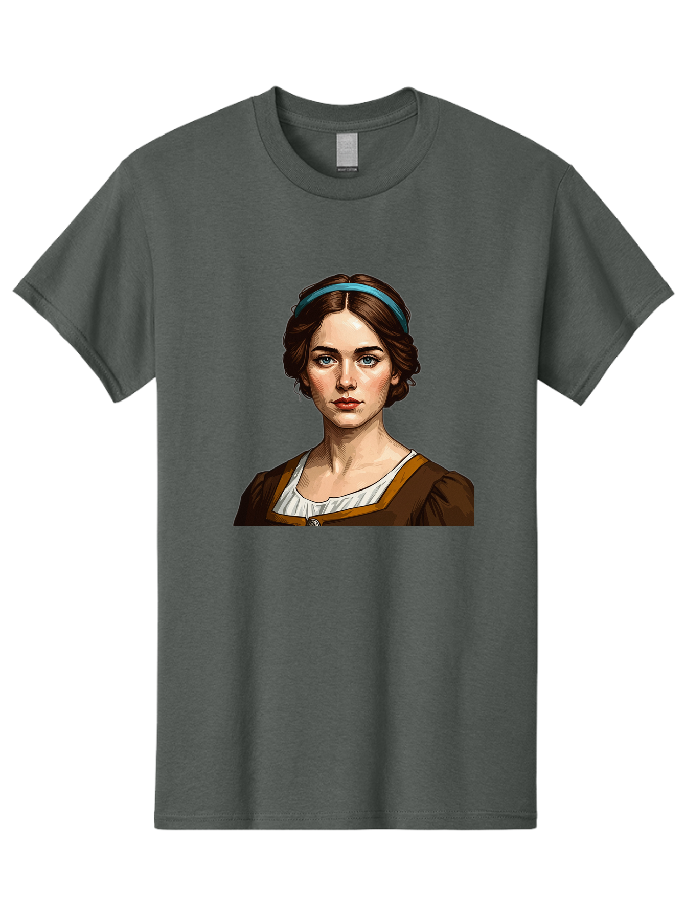 Young-Woman-Portrait-1 Men'S Graphic Tee, 100% Cotton, Comfortable Casual Summer Wear, Machine Washable, Young Woman Portrait, Blue Eyes, Brown Hair, Blue Headband, Brown Dress, White Collar, Renaissance-Inspired Art, Digital Illustration, Bad945