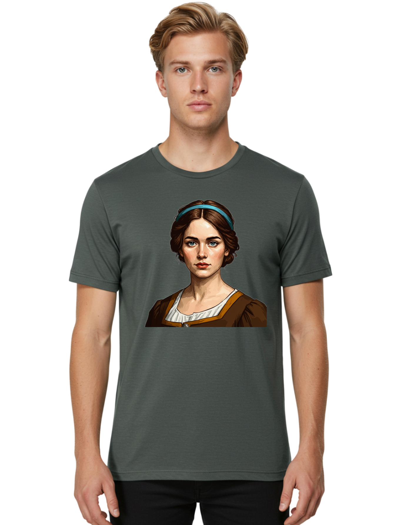 Young-Woman-Portrait-1 Men'S Graphic Tee, 100% Cotton, Comfortable Casual Summer Wear, Machine Washable, Young Woman Portrait, Blue Eyes, Brown Hair, Blue Headband, Brown Dress, White Collar, Renaissance-Inspired Art, Digital Illustration, Bad945