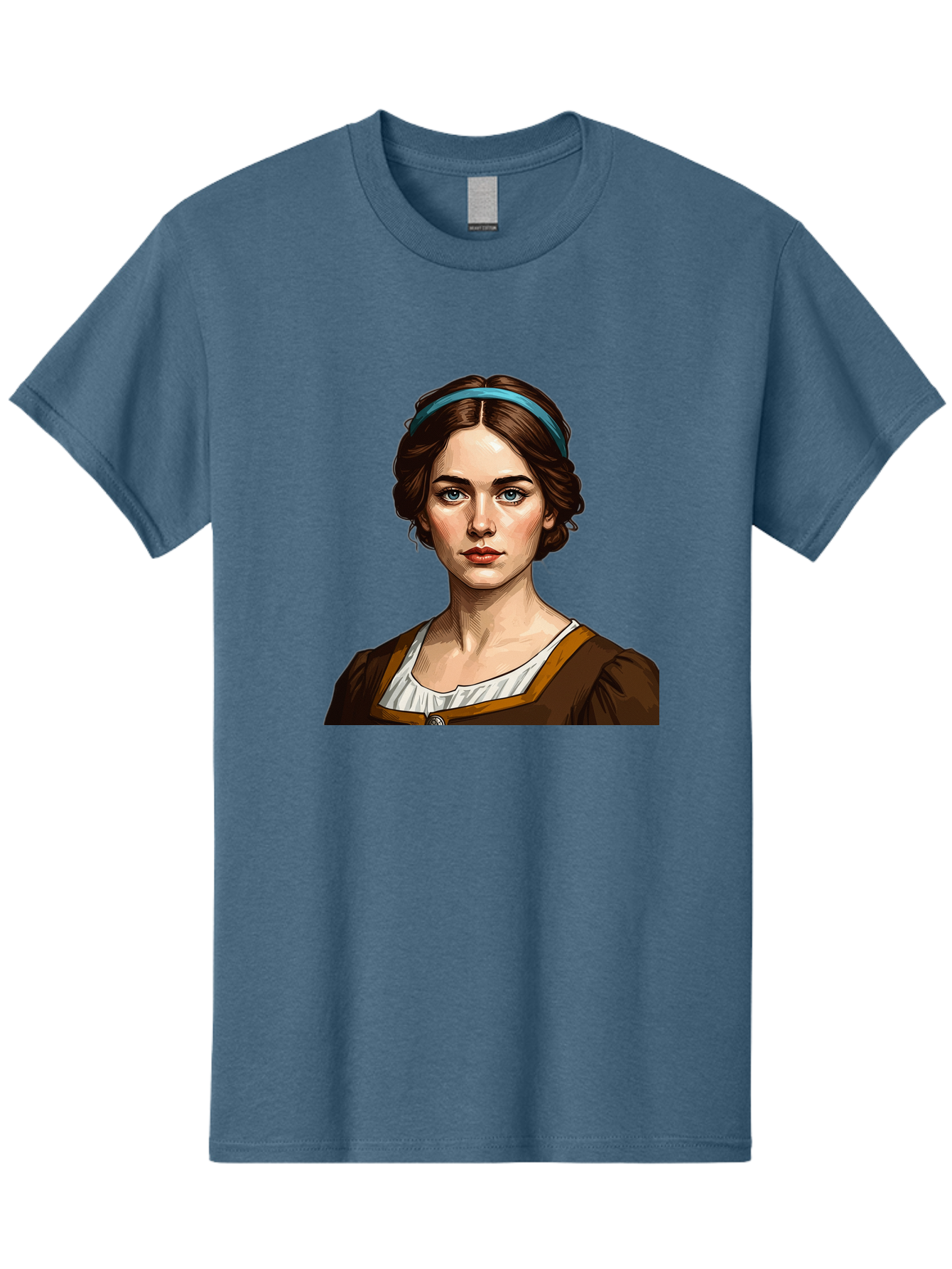 Young-Woman-Portrait-1 Men'S Graphic Tee, 100% Cotton, Comfortable Casual Summer Wear, Machine Washable, Young Woman Portrait, Blue Eyes, Brown Hair, Blue Headband, Brown Dress, White Collar, Renaissance-Inspired Art, Digital Illustration, Bad945