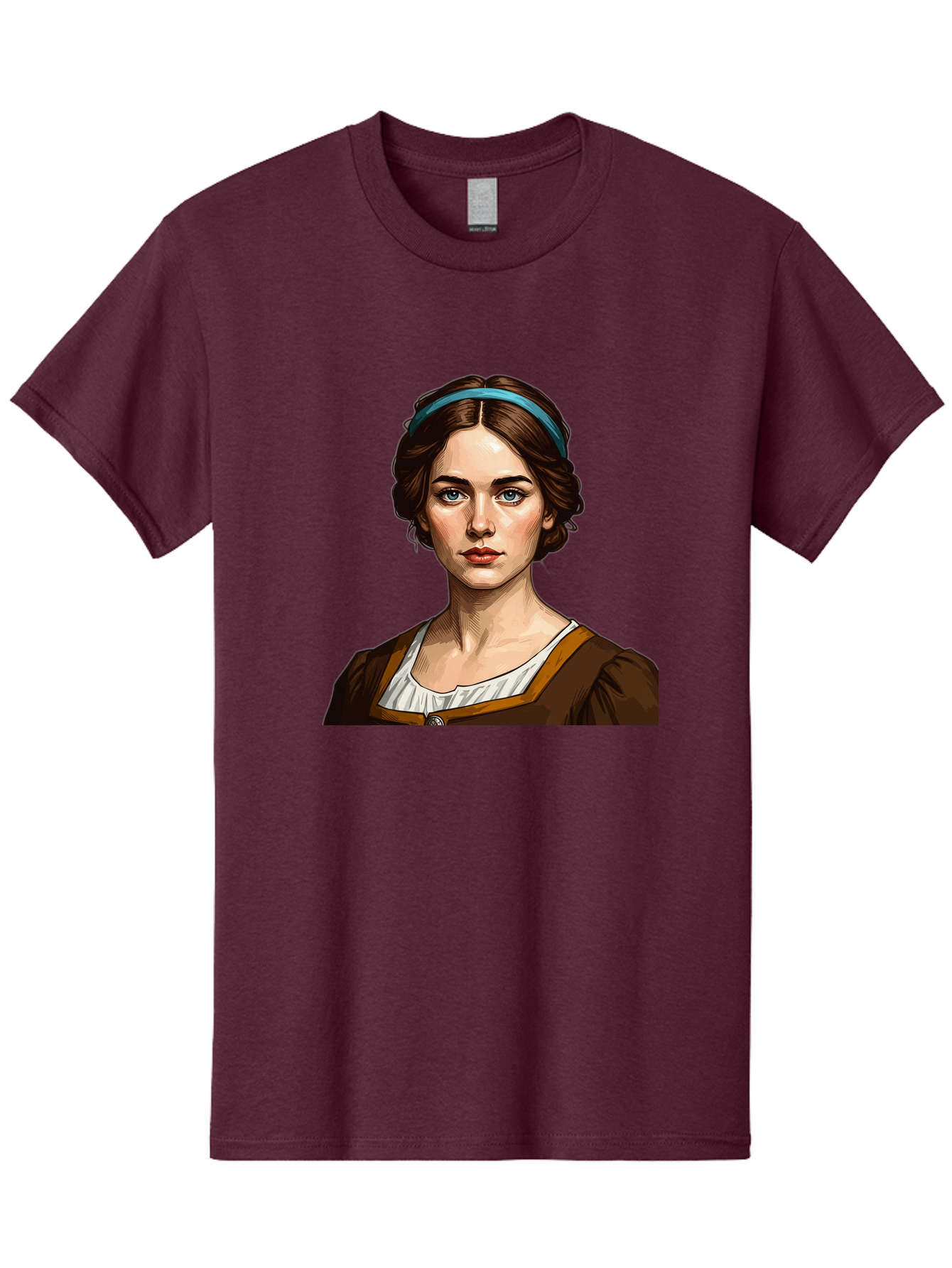 Young-Woman-Portrait-1 Men'S Graphic Tee, 100% Cotton, Comfortable Casual Summer Wear, Machine Washable, Young Woman Portrait, Blue Eyes, Brown Hair, Blue Headband, Brown Dress, White Collar, Renaissance-Inspired Art, Digital Illustration, Bad945
