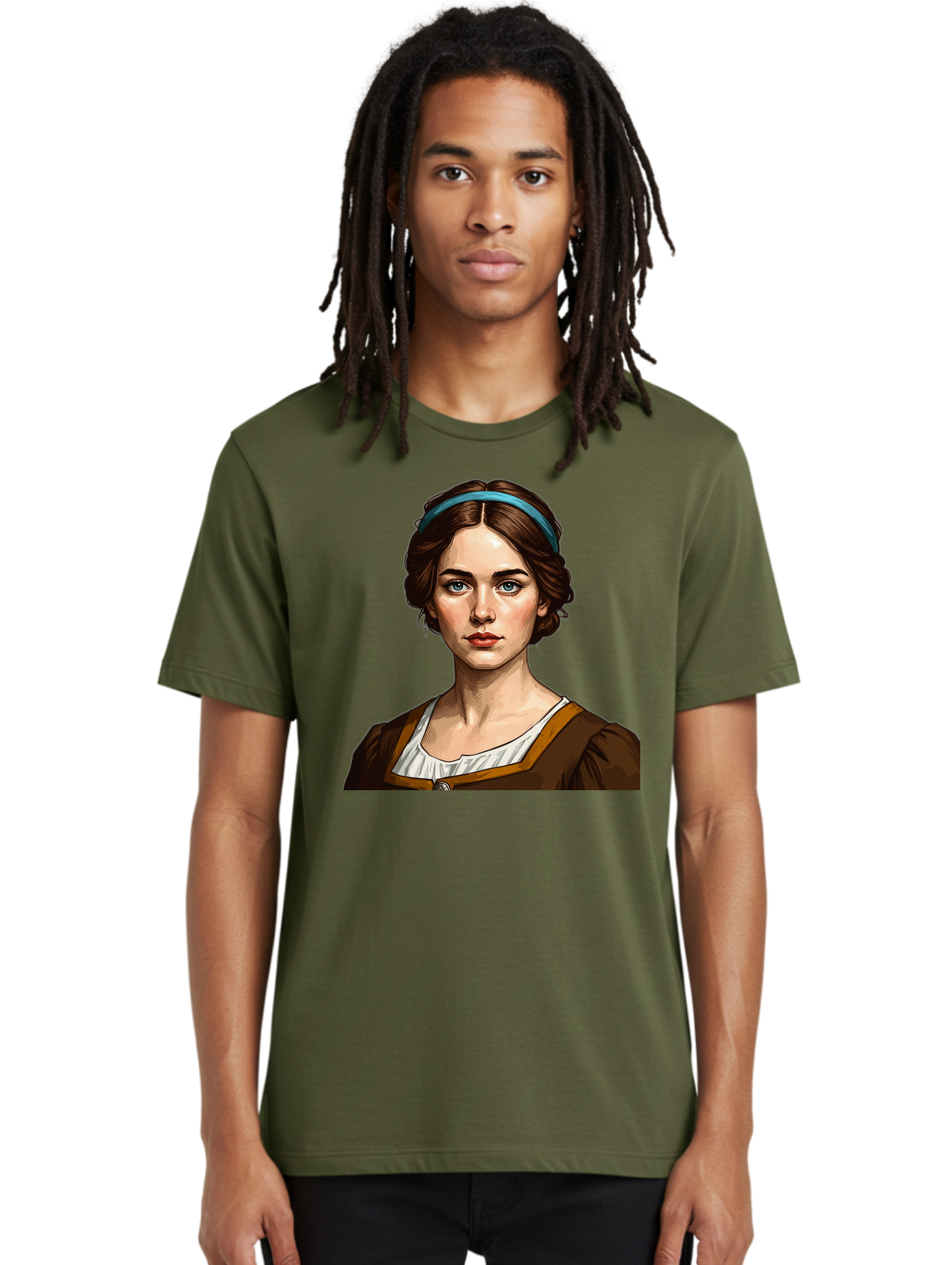 Young-Woman-Portrait-1 Men'S Graphic Tee, 100% Cotton, Comfortable Casual Summer Wear, Machine Washable, Young Woman Portrait, Blue Eyes, Brown Hair, Blue Headband, Brown Dress, White Collar, Renaissance-Inspired Art, Digital Illustration, Bad945