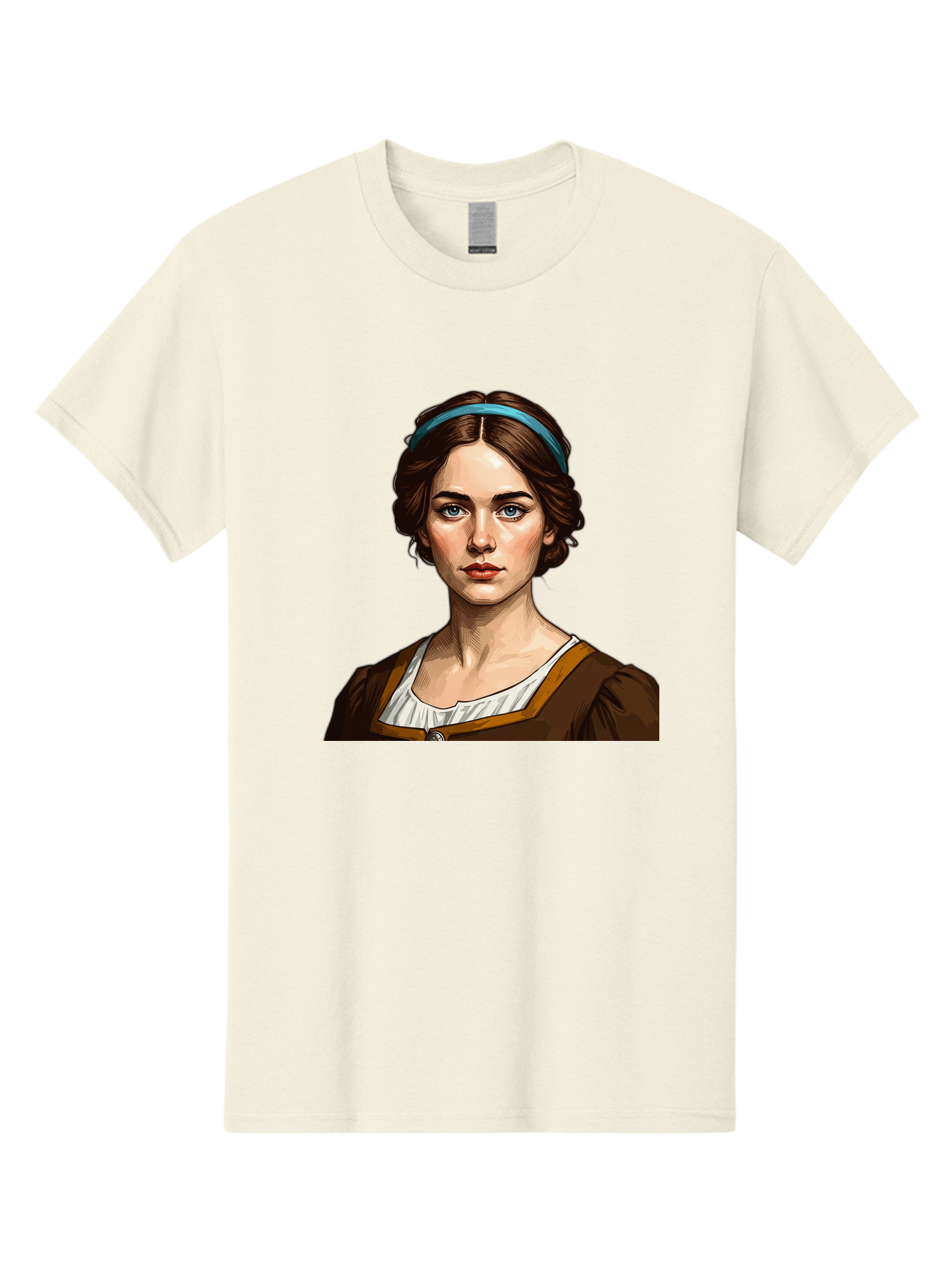 Young-Woman-Portrait-1 Men'S Graphic Tee, 100% Cotton, Comfortable Casual Summer Wear, Machine Washable, Young Woman Portrait, Blue Eyes, Brown Hair, Blue Headband, Brown Dress, White Collar, Renaissance-Inspired Art, Digital Illustration, Bad945