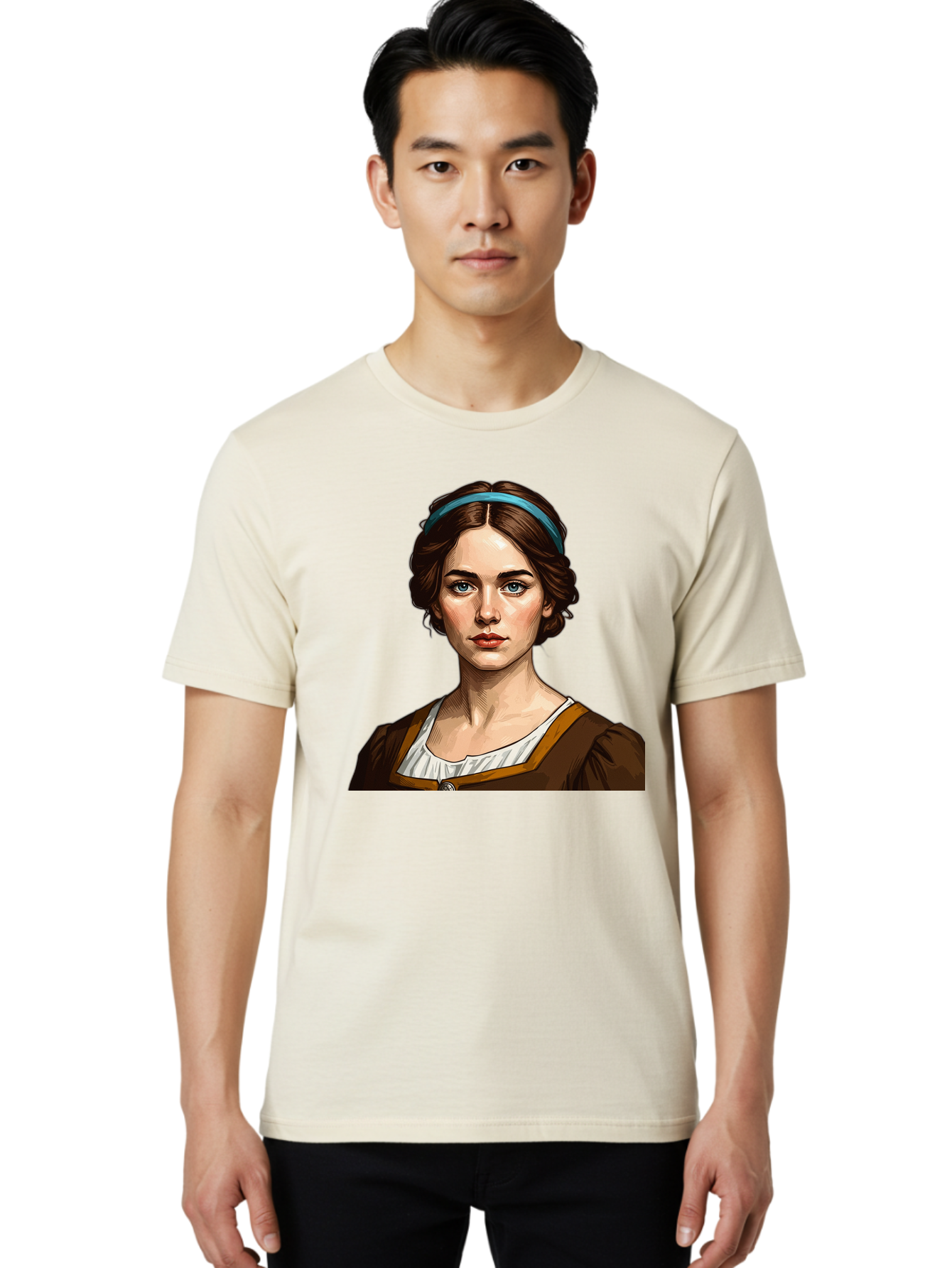 Young-Woman-Portrait-1 Men'S Graphic Tee, 100% Cotton, Comfortable Casual Summer Wear, Machine Washable, Young Woman Portrait, Blue Eyes, Brown Hair, Blue Headband, Brown Dress, White Collar, Renaissance-Inspired Art, Digital Illustration, Bad945