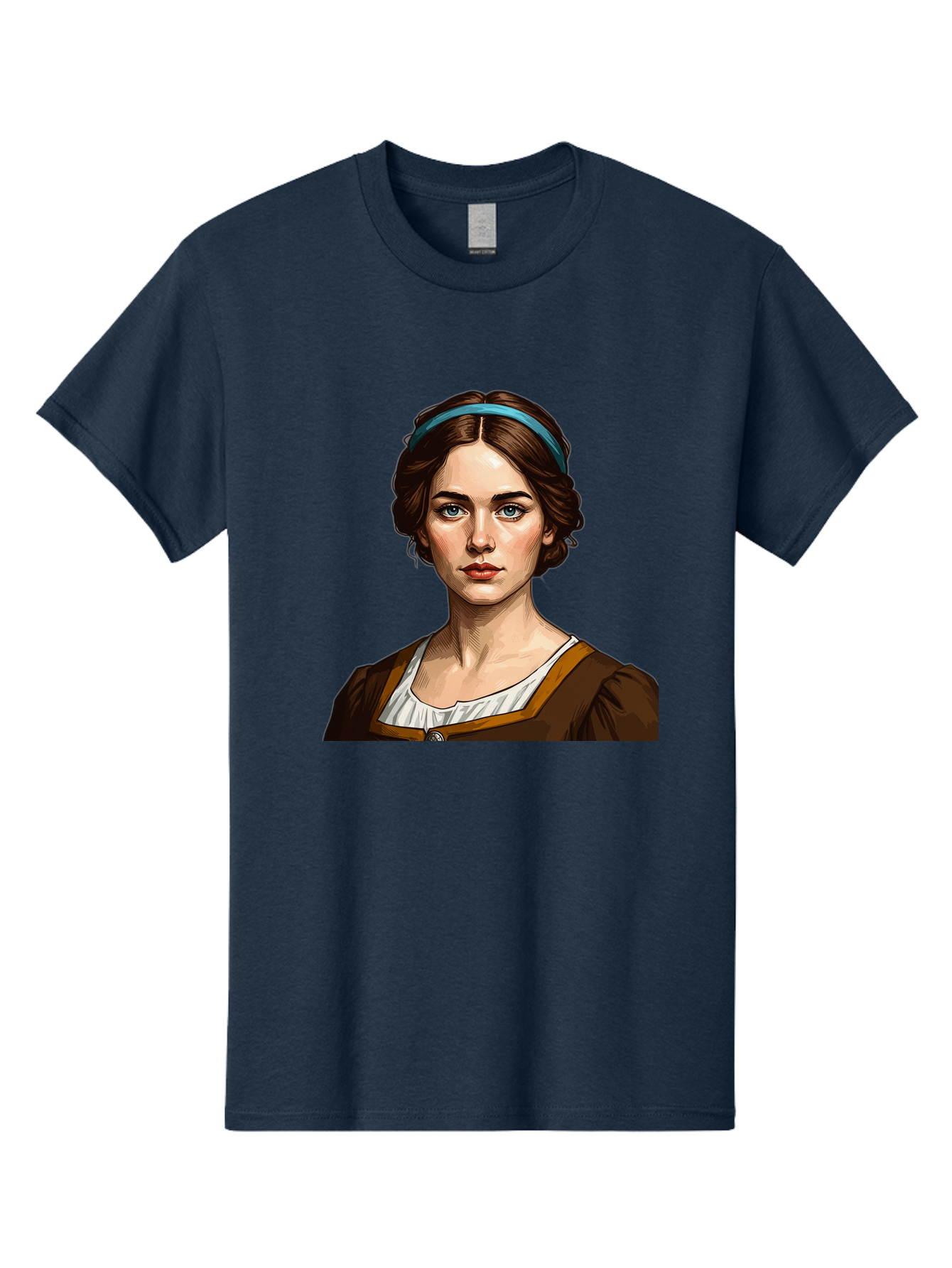 Young-Woman-Portrait-1 Men'S Graphic Tee, 100% Cotton, Comfortable Casual Summer Wear, Machine Washable, Young Woman Portrait, Blue Eyes, Brown Hair, Blue Headband, Brown Dress, White Collar, Renaissance-Inspired Art, Digital Illustration, Bad945