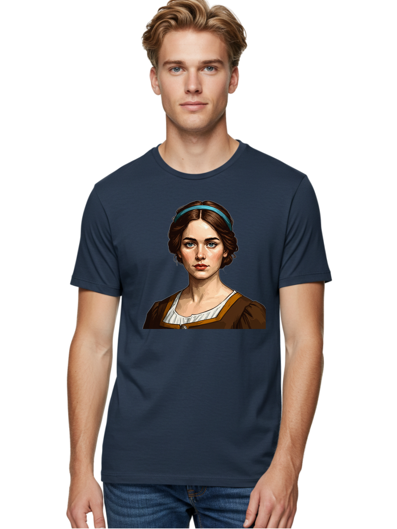 Young-Woman-Portrait-1 Men'S Graphic Tee, 100% Cotton, Comfortable Casual Summer Wear, Machine Washable, Young Woman Portrait, Blue Eyes, Brown Hair, Blue Headband, Brown Dress, White Collar, Renaissance-Inspired Art, Digital Illustration, Bad945
