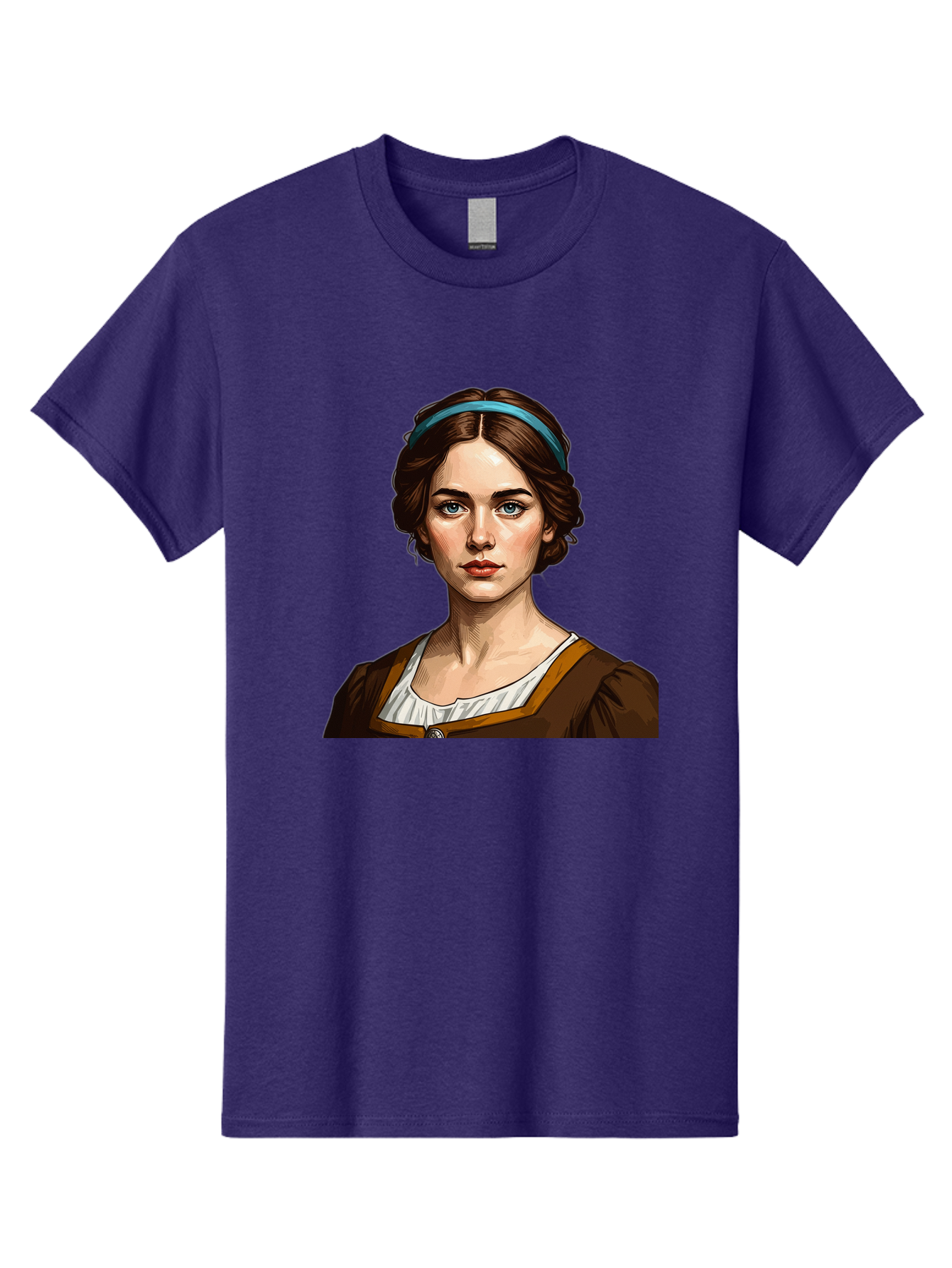 Young-Woman-Portrait-1 Men'S Graphic Tee, 100% Cotton, Comfortable Casual Summer Wear, Machine Washable, Young Woman Portrait, Blue Eyes, Brown Hair, Blue Headband, Brown Dress, White Collar, Renaissance-Inspired Art, Digital Illustration, Bad945