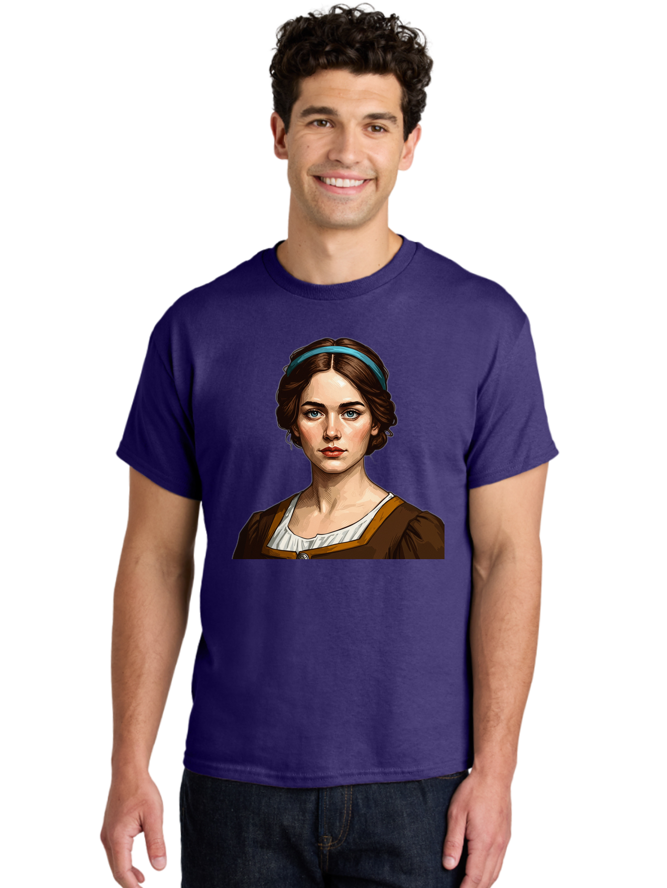 Young-Woman-Portrait-1 Men'S Graphic Tee, 100% Cotton, Comfortable Casual Summer Wear, Machine Washable, Young Woman Portrait, Blue Eyes, Brown Hair, Blue Headband, Brown Dress, White Collar, Renaissance-Inspired Art, Digital Illustration, Bad945