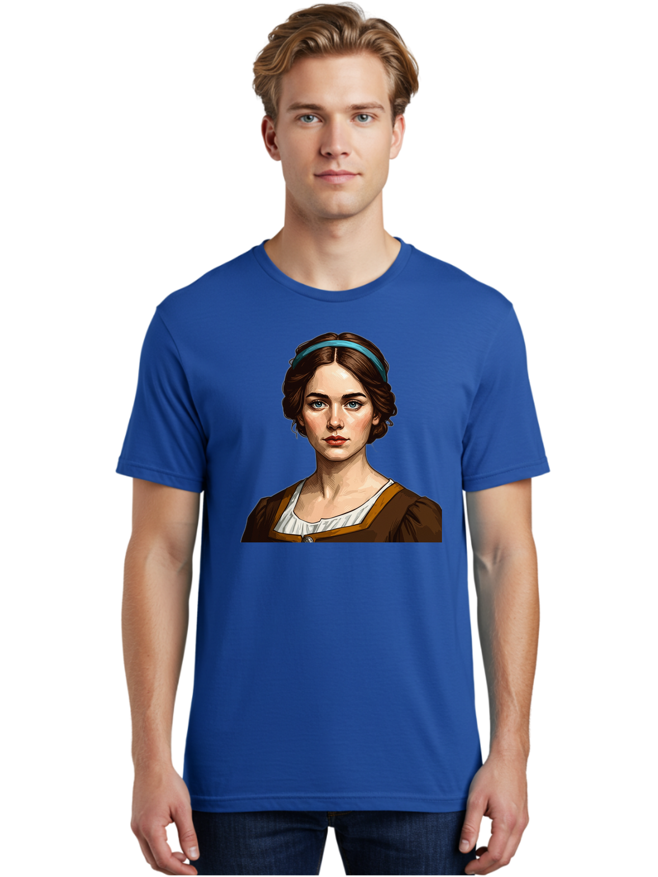 Young-Woman-Portrait-1 Men'S Graphic Tee, 100% Cotton, Comfortable Casual Summer Wear, Machine Washable, Young Woman Portrait, Blue Eyes, Brown Hair, Blue Headband, Brown Dress, White Collar, Renaissance-Inspired Art, Digital Illustration, Bad945