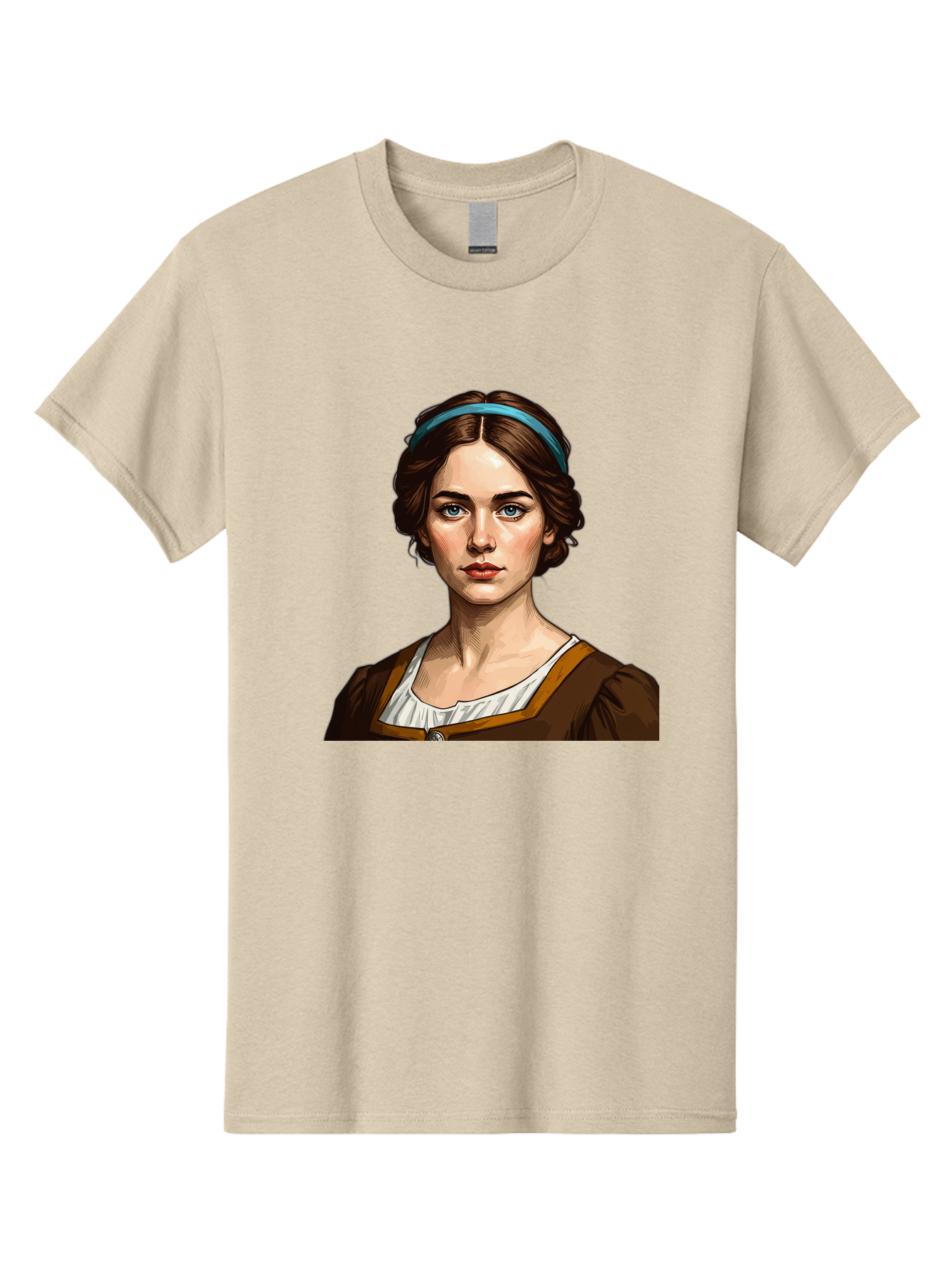 Young-Woman-Portrait-1 Men'S Graphic Tee, 100% Cotton, Comfortable Casual Summer Wear, Machine Washable, Young Woman Portrait, Blue Eyes, Brown Hair, Blue Headband, Brown Dress, White Collar, Renaissance-Inspired Art, Digital Illustration, Bad945