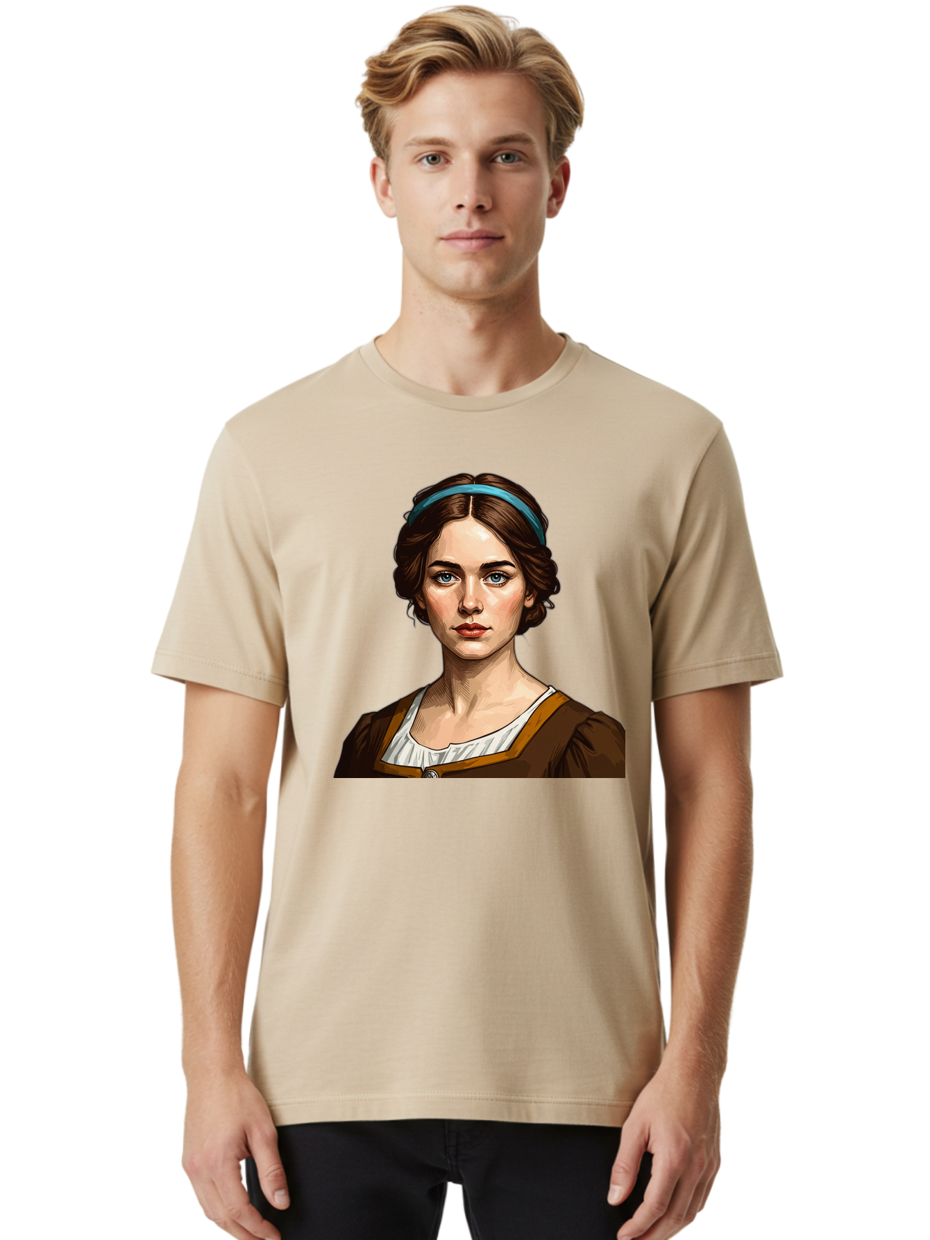 Young-Woman-Portrait-1 Men'S Graphic Tee, 100% Cotton, Comfortable Casual Summer Wear, Machine Washable, Young Woman Portrait, Blue Eyes, Brown Hair, Blue Headband, Brown Dress, White Collar, Renaissance-Inspired Art, Digital Illustration, Bad945