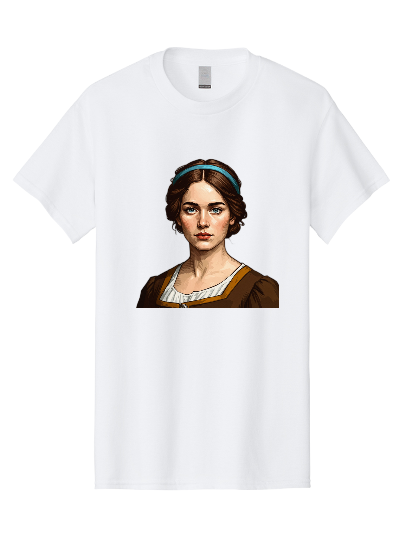 Young-Woman-Portrait-1 Men'S Graphic Tee, 100% Cotton, Comfortable Casual Summer Wear, Machine Washable, Young Woman Portrait, Blue Eyes, Brown Hair, Blue Headband, Brown Dress, White Collar, Renaissance-Inspired Art, Digital Illustration, Bad945