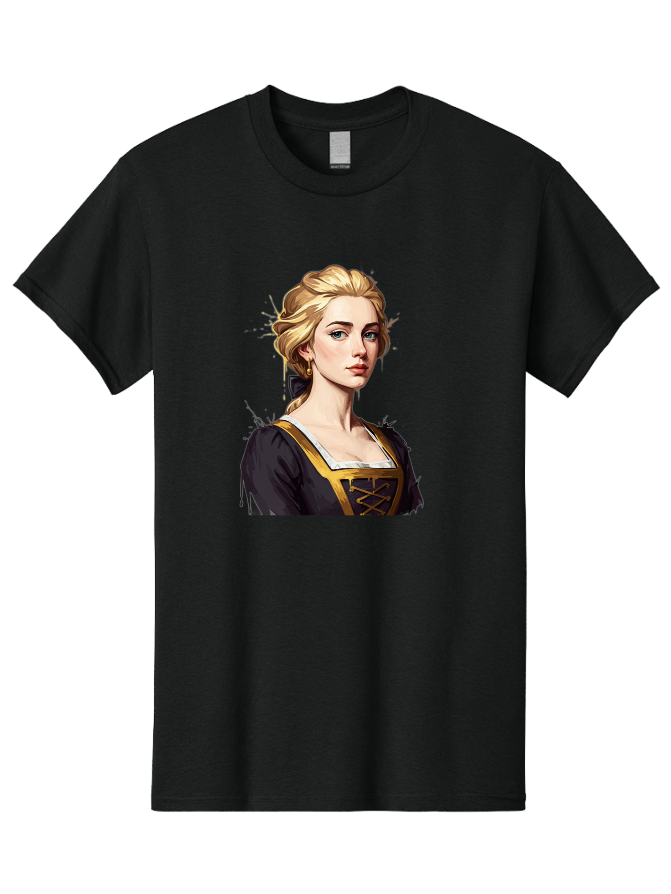 Young-Woman-Portrait Men'S Graphic Tee, 100% Cotton, Comfortable Casual Summer Wear, Machine Washable, Blonde Woman, Renaissance Portrait, Elegant Attire, Blue Eyes, Gold Accents, Medieval Fashion, Historical Figure, Realistic Portrait, Bad946