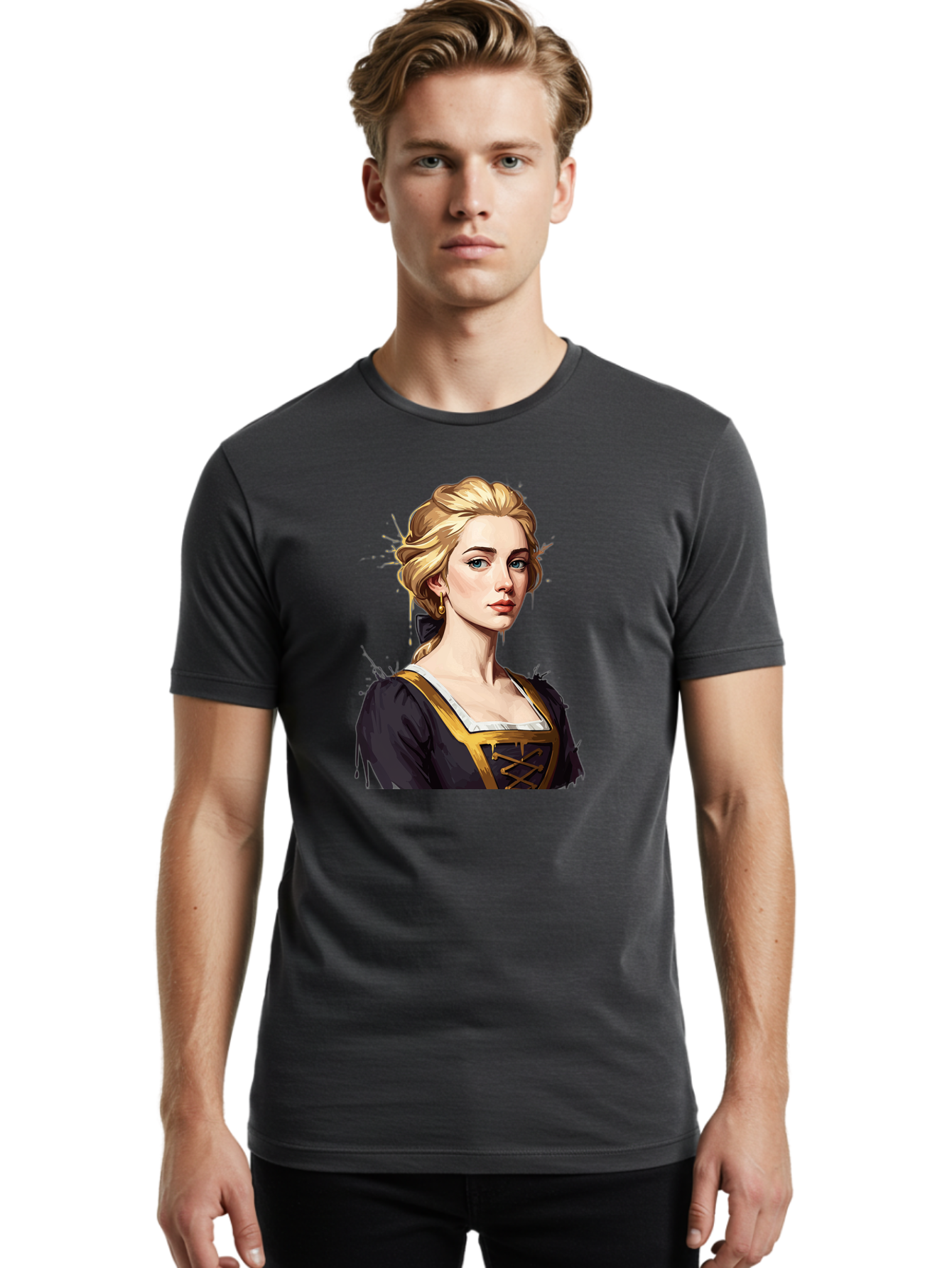 Young-Woman-Portrait Men'S Graphic Tee, 100% Cotton, Comfortable Casual Summer Wear, Machine Washable, Blonde Woman, Renaissance Portrait, Elegant Attire, Blue Eyes, Gold Accents, Medieval Fashion, Historical Figure, Realistic Portrait, Bad946